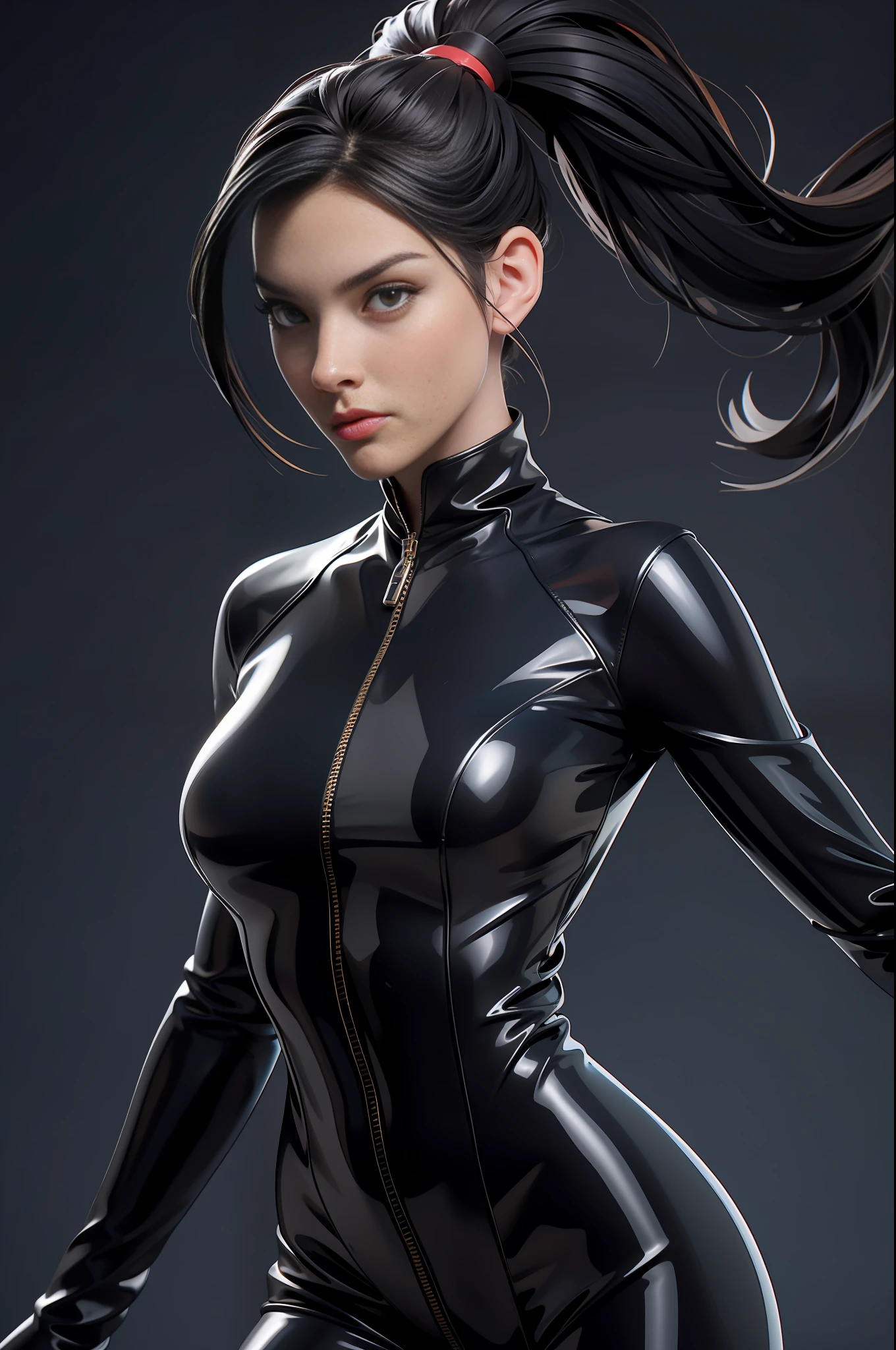 solo, super fine photo, portrait Unreal Engine 5 8K UHD of beautiful and mature girl, gorgeous, ponytail hair, black tight latex catsuit, latex glove, latex arm and leg cuffs, beautiful make up, luxurious, best quality, masterpiece, official art, unified 8k wallpaper, super detailed, sharp focus, dynamic pose, body parts, no extra limbs, precisely anatomy