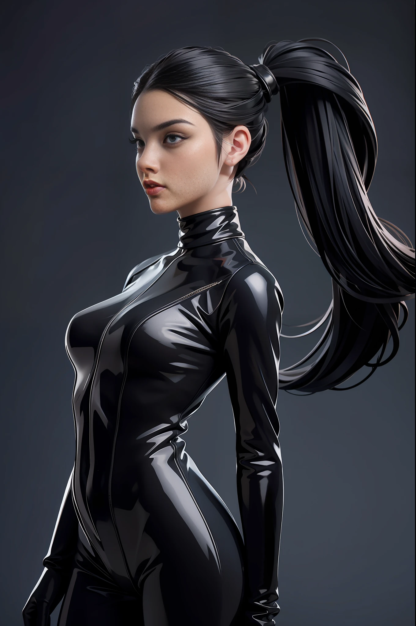 solo, super fine photo, portrait Unreal Engine 5 8K UHD of beautiful and mature girl, gorgeous, ponytail hair, black tight latex catsuit, latex glove, latex arm and leg cuffs, beautiful make up, luxurious, best quality, masterpiece, official art, unified 8k wallpaper, super detailed, sharp focus, dynamic pose, body parts, no extra limbs, precisely anatomy