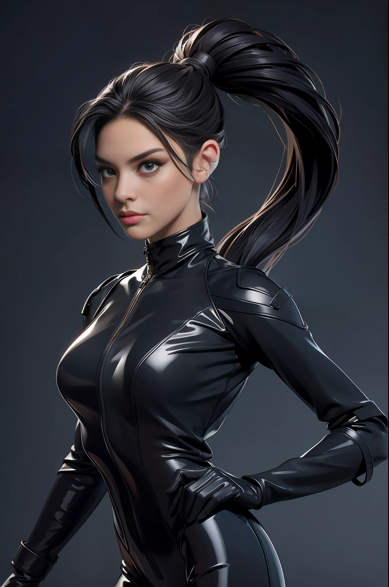 solo, super fine photo, portrait Unreal Engine 5 8K UHD of beautiful and mature girl, gorgeous, ponytail hair, black tight latex catsuit, latex glove, latex arm and leg cuffs, beautiful make up, luxurious, best quality, masterpiece, official art, unified 8k wallpaper, super detailed, sharp focus, dynamic pose, body parts, no extra limbs, precisely anatomy
