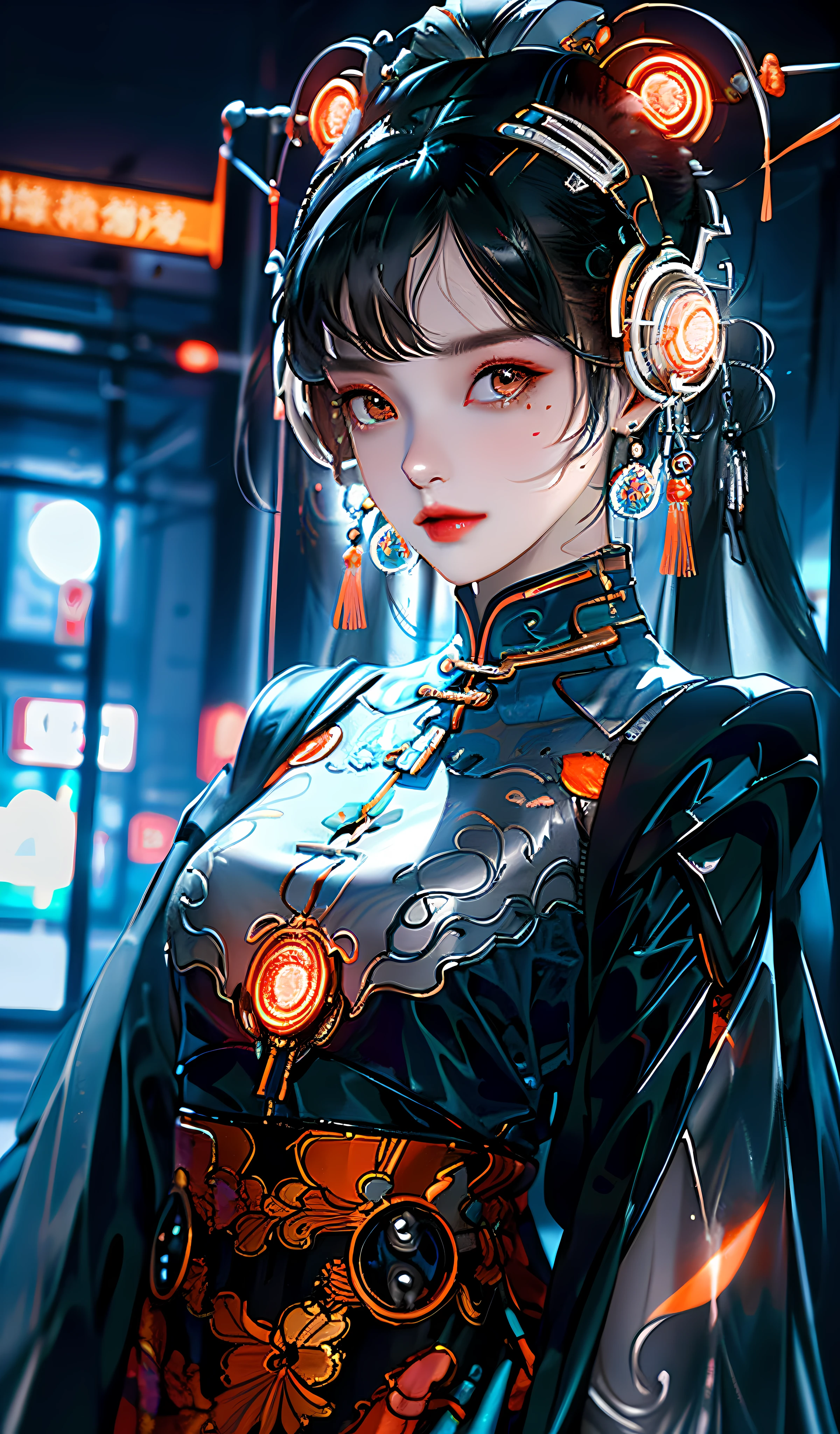 1 girl, Chinese_clothes, liquid silver and orange, cyberhan, cheongsam, cyberpunk city, dynamic pose, detailed luminous headphones, glowing hair accessories, long hair, glowing earrings, glowing necklace, cyberpunk, high-tech city, full of mechanical and futuristic elements, futuristic, technology, glowing neon, orange, orange light, transparent tulle, transparent streamers, laser, digital background urban sky, big moon, with vehicles, best quality, masterpiece, 8K, character edge light, Super high detail, high quality, the most beautiful woman in human beings, micro smile, face facing front and left and right symmetry, ear decoration, beautiful pupils, light effects, visual data, silver white hair, super detail facial texture