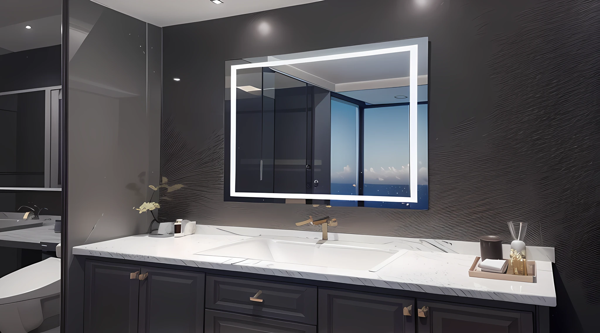 There is a bathroom with large mirror and American decoration toilet, ultra view view with mirror and glass surface with dehazing function, high quality local rendering, dramatic ambient lighting, high resolution product photos, morning light, angle view, detailed zoom photos, mirror, far view, product photos, oblique view with smooth lines and powerful, simple and clean lines, high resolution