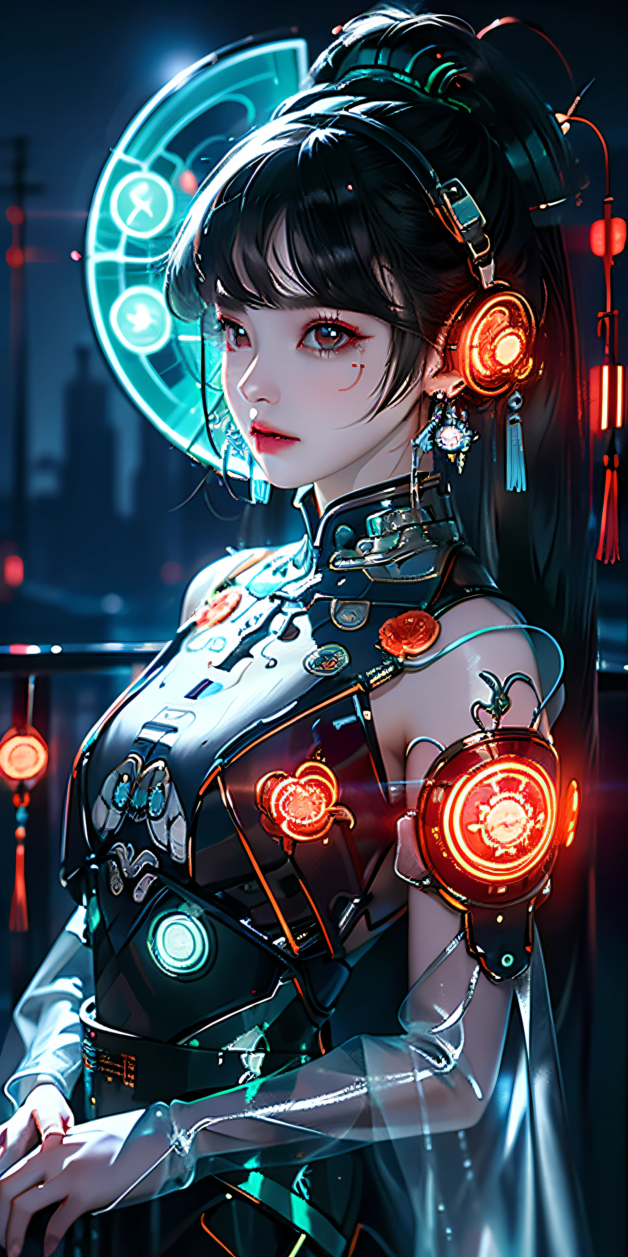 1 girl, Chinese_clothes, liquid silver and orange, cyberhan, cheongsam, cyberpunk city, dynamic pose, detailed luminous headphones, glowing hair accessories, long hair, glowing earrings, glowing necklace, cyberpunk, high-tech city, full of mechanical and futuristic elements, futuristic, technology, glowing neon, orange, orange light, transparent tulle, transparent streamers, laser, digital background urban sky, big moon, with vehicles, best quality, masterpiece, 8K, character edge light, Super high detail, high quality, the most beautiful woman in human beings, micro smile, face facing front and left and right symmetry, ear decoration, beautiful pupils, light effects, visual data, silver white hair, super detail facial texture
