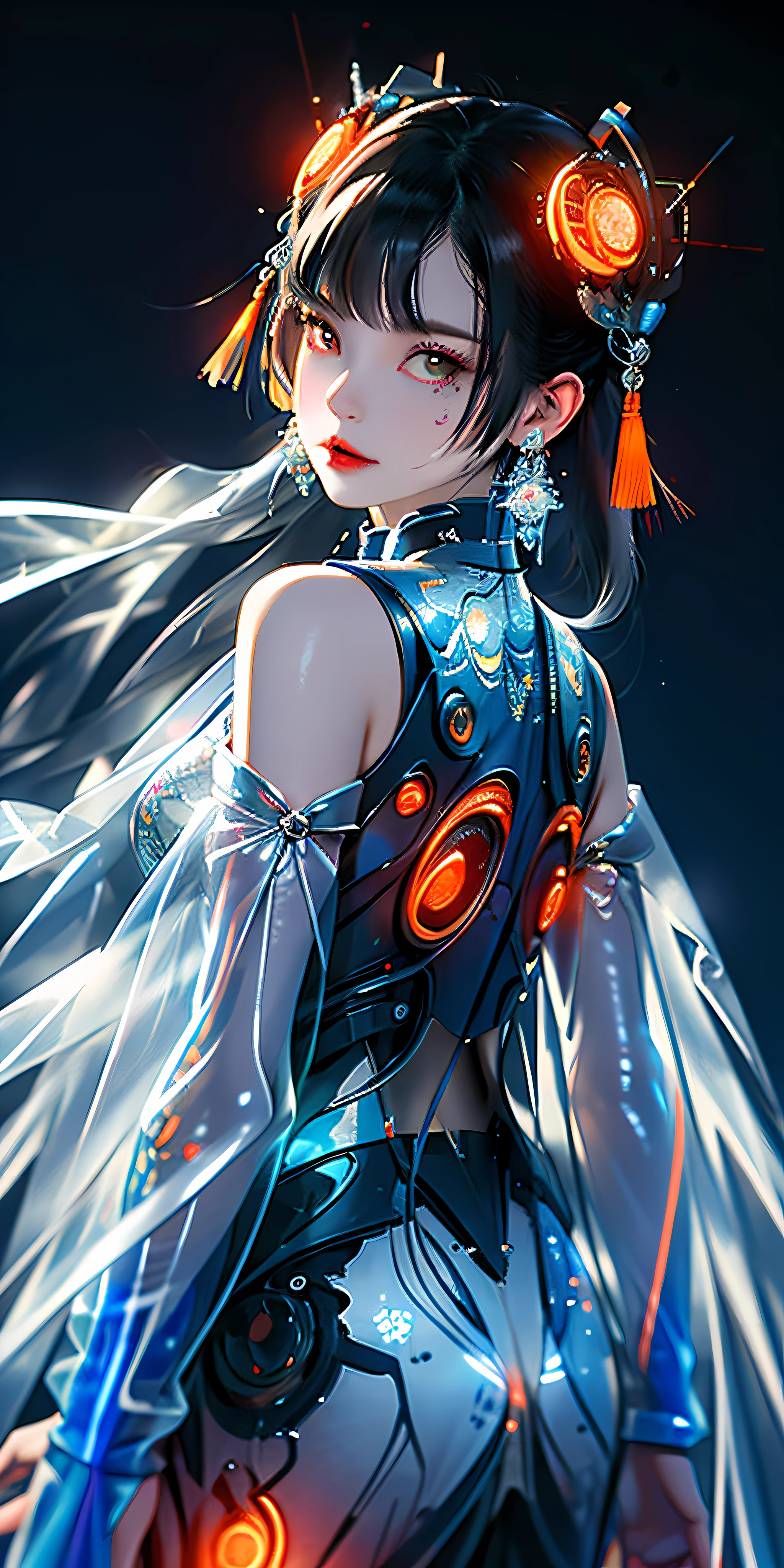 1 girl, Chinese_clothes, liquid silver and orange, cyberhan, cheongsam, cyberpunk city, dynamic pose, detailed luminous headphones, glowing hair accessories, long hair, glowing earrings, glowing necklace, cyberpunk, high-tech city, full of mechanical and futuristic elements, futuristic, technology, glowing neon, orange, orange light, transparent tulle, transparent streamers, laser, digital background urban sky, big moon, with vehicles, best quality, masterpiece, 8K, character edge light, Super high detail, high quality, the most beautiful woman in human beings, micro smile, face facing front and left and right symmetry, ear decoration, beautiful pupils, light effects, visual data, silver white hair, super detail facial texture