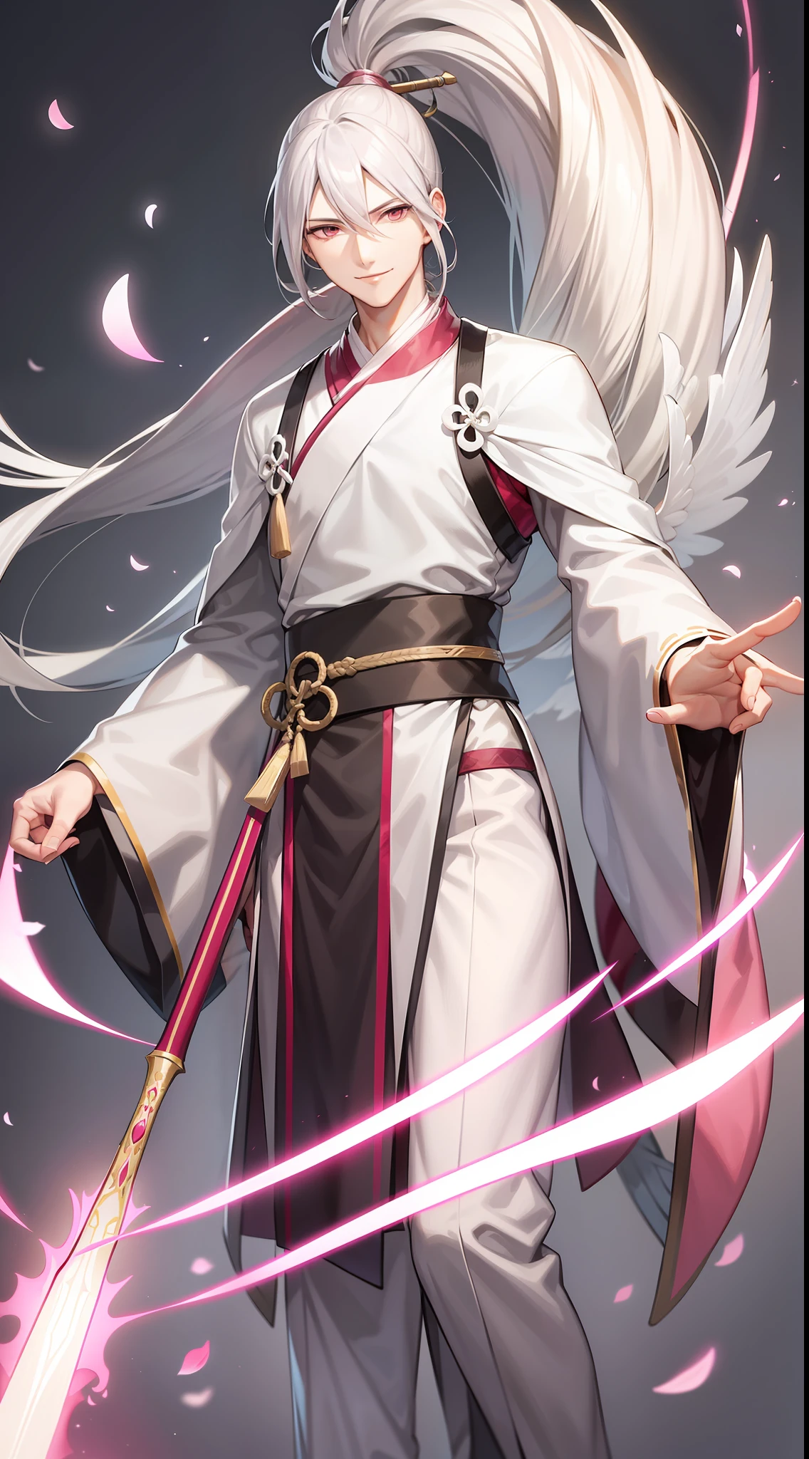 Young tall guy, long gray hair, pink eyes, high ponytail, hanfu, spear, smile, herons, masterpiece, high quality