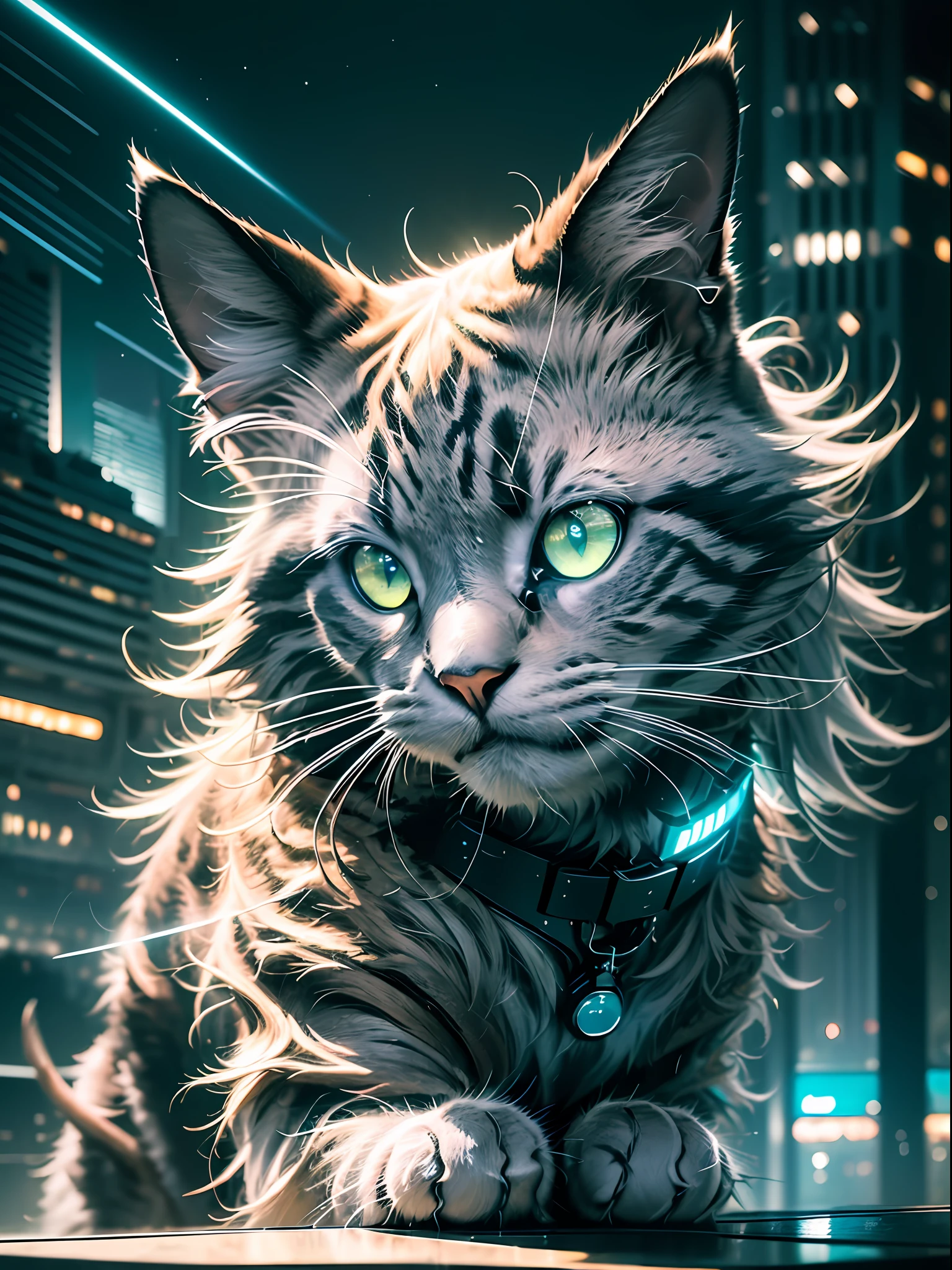 (Sleek and shiny black fur), (sharp and angular facial features), (piercing green eyes visible through the sunglasses), (futuristic-looking sunglasses with a reflective surface), (a confident and composed expression), (graceful movements with a hint of swagger), (navigating the rooftop effortlessly), (surrounded by a futuristic cityscape or neon-lit skyline), (ambient lighting casting shadows and highlights on the cat's fur), (the cat's silhouette against the backdrop of the night sky), (a faint glow emanating from its cybernetic enhancements), (subtle neon accents on the cat's collar or other accessories), (impressive balance and agility), (the cat's presence exuding a sense of mystery and intrigue), (sound of distant sirens or bustling city noise in the background), (an aura of confidence and individuality), (subtle details in the cat's cybernetic features), (an overall futuristic and edgy atmosphere), Cinematic, Hyper-detailed, insane details, Beautifully color graded, Unreal Engine, DOF, Super-Resolution, Megapixel, Cinematic Lightning, Anti-Aliasing, FKAA, TXAA, RTX, SSAO, Post Processing, Post Production, Tone Mapping, CGI, VFX, SFX, Insanely detailed and intricate, Hyper maximalist, Hyper realistic, Volumetric, Photorealistic, ultra photoreal, ultra-detailed, intricate details, 8K, Super detailed, Full color, Volumetric lightning, HDR, Realistic, Unreal Engine, 16K, Sharp focus, octane render --v testp