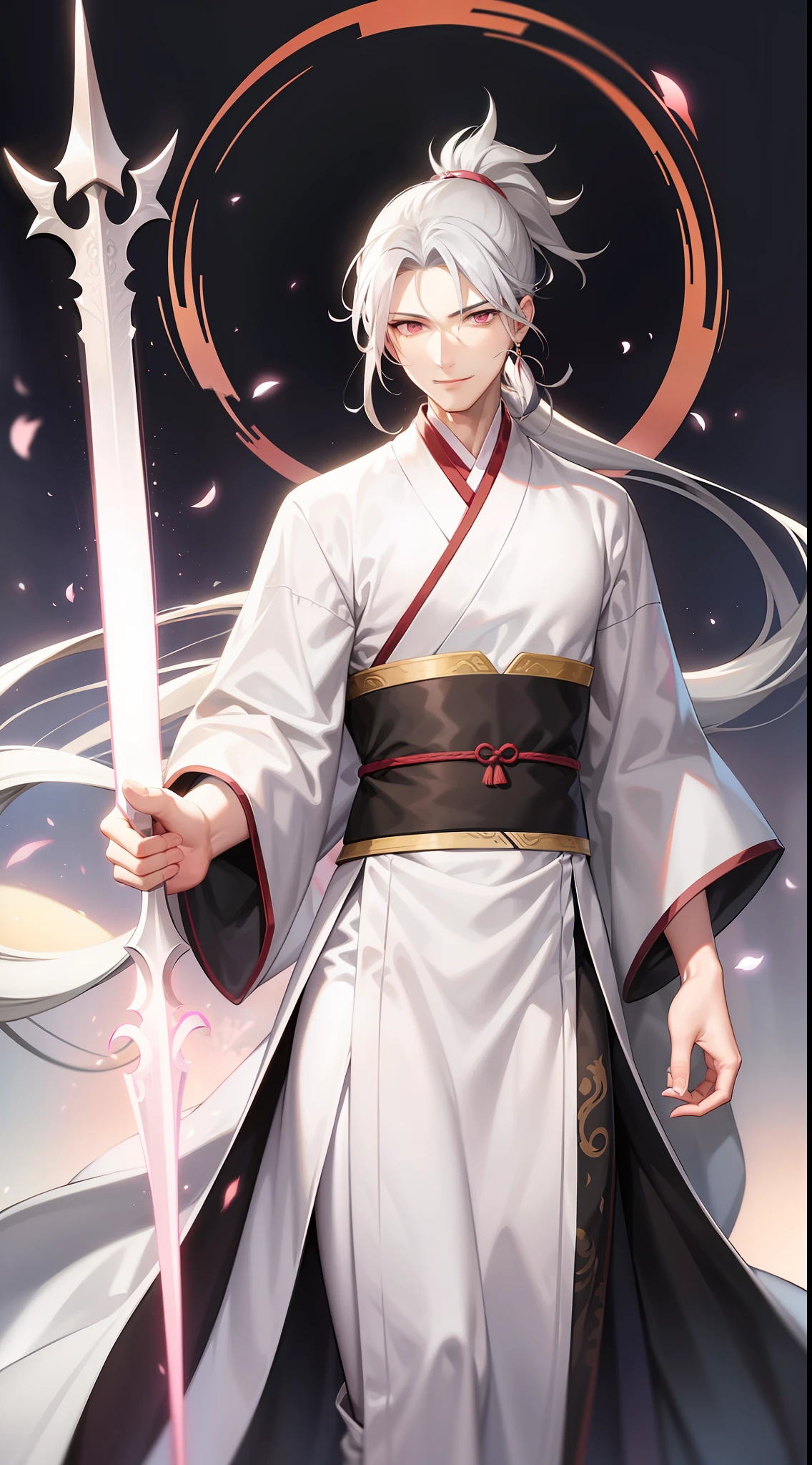 Young tall guy, long gray hair, pink eyes, high ponytail, hanfu, spear, smile, herons, masterpiece, high quality