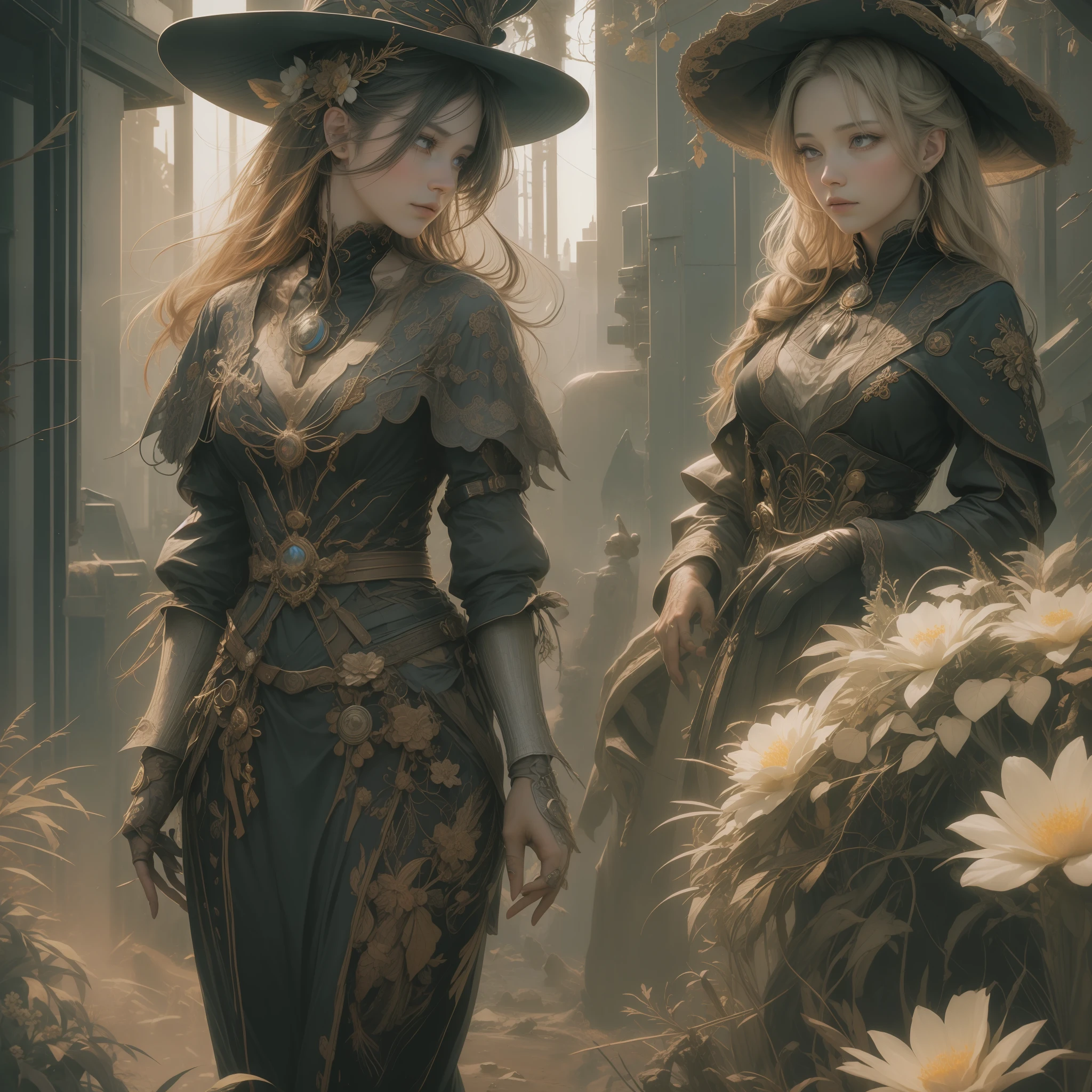 ((hyper detail)) (Real: 1.5), (Raw photo: 1.4), (Photorealistic: 1.3), (Masterpiece), Best Quality, Best Quality, Highly Detailed CG Unity 8k wallpaper, detailed and complex, Back view, Original, Miraculous Witch, Disturbed space, Flowers, High Resolution, [:( Detailed Face: 1.2): 0.2], Film Grain, (High Detail Skin: 0.9), 8k, Detailed gradient background, Full body, The Morning of the Beginning