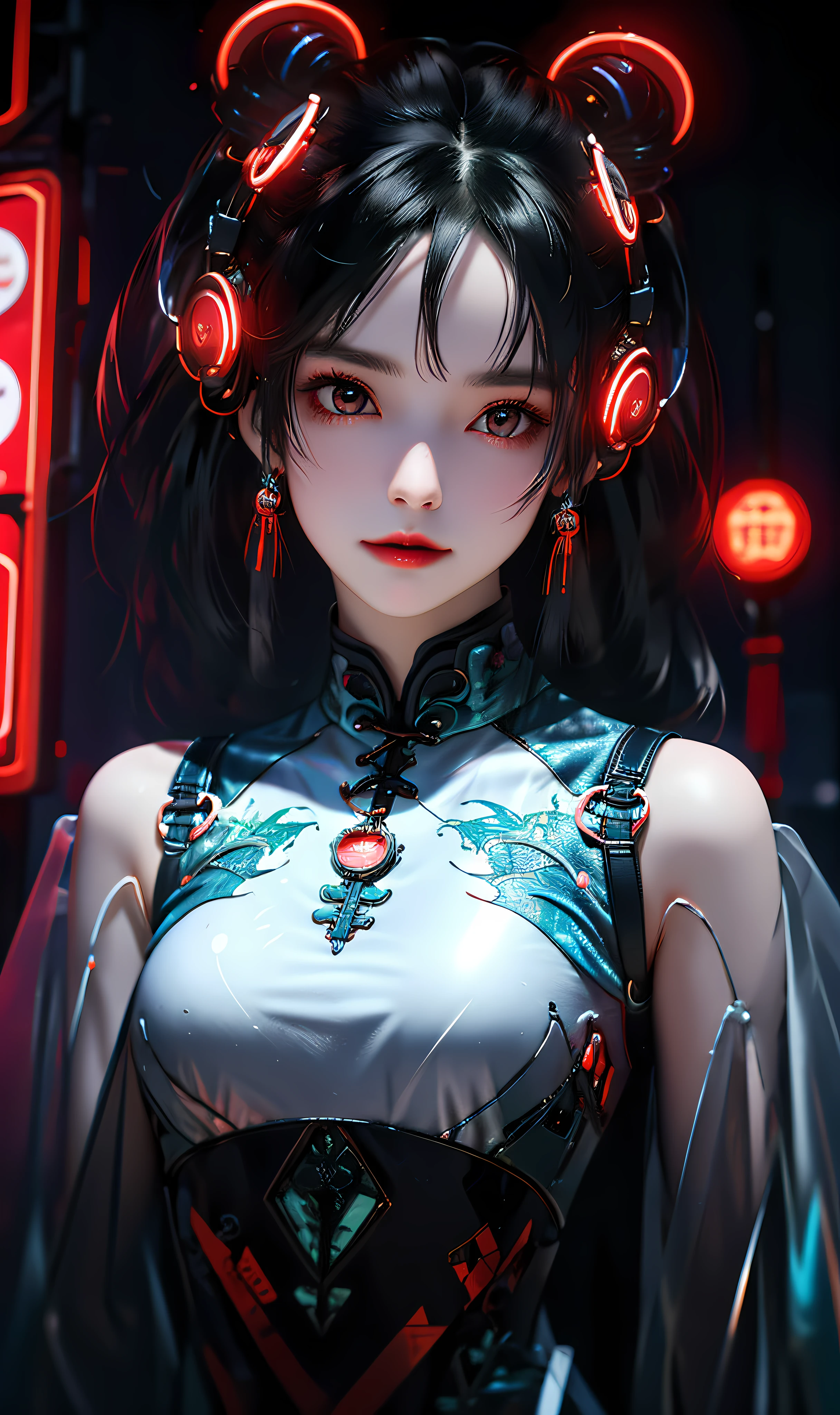 1 girl, Chinese_clothes, liquid black titanium and red, cyberhan, cheongsam, cyberpunk city, dynamic pose, detailed luminous headphones, luminous hair accessories, long hair, luminous earrings, luminous necklace, cyberpunk, high-tech city, full of mechanical and futuristic elements, futuristic, technology, glowing neon, red, red light, transparent black tulle, black ribbon, laser, digital background urban sky, big moon, with vehicles, best quality, masterpiece, 8K, character edge light, Super high detail, high quality, the most beautiful woman in human beings, smiling slightly, face facing front and left and right symmetry, ear decoration, beautiful pupils, light effects, visual data, dark black hair, super detailed facial texture, bright leather red gloves, elevation angle shooting