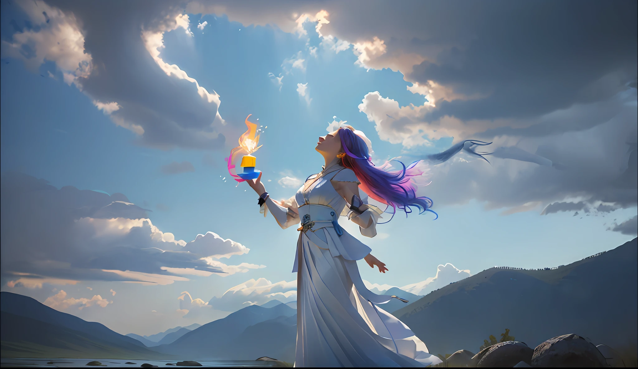 A painting of a woman holding a colored divine stone and divine fire, looking up at the sky, the sky pouring flood, snake woman mixed, mythological colors, morebach, Peter molbach style, peter molbach c 2 0, art style in molbach, pyoter molbach style, snake woman in white gauze dress, in pyoter molbach style, snake queen without legs, peter molbach and artistic reproduction, looking up at the sky, depth of field, colored ribbons