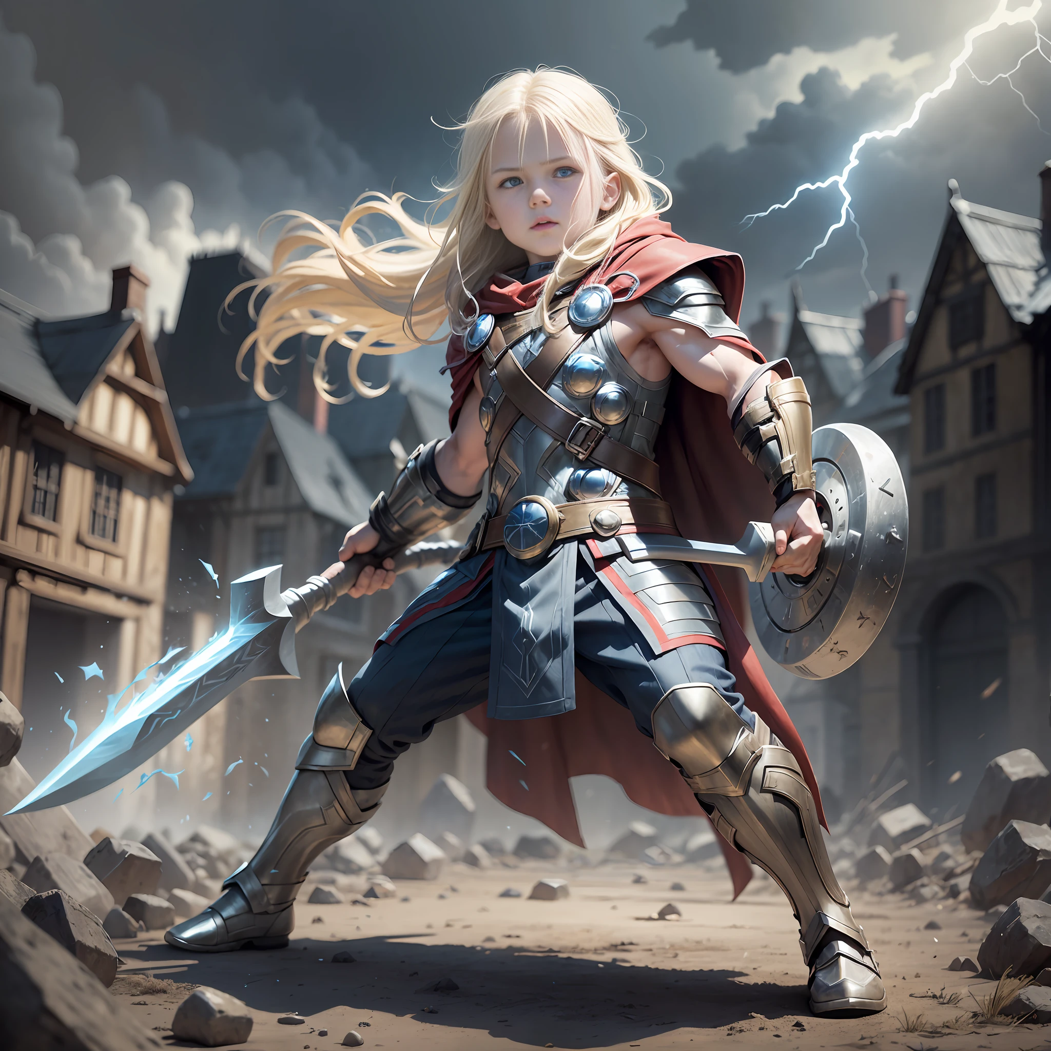 A little boy, European, white skinned, long yellow hair, 3 years old, blue eyes, Thor's clothes, Thor's red cape, Avengers 3, axe in hand, battle scene, battle stance, realistic, cinematic lighting --auto --s2