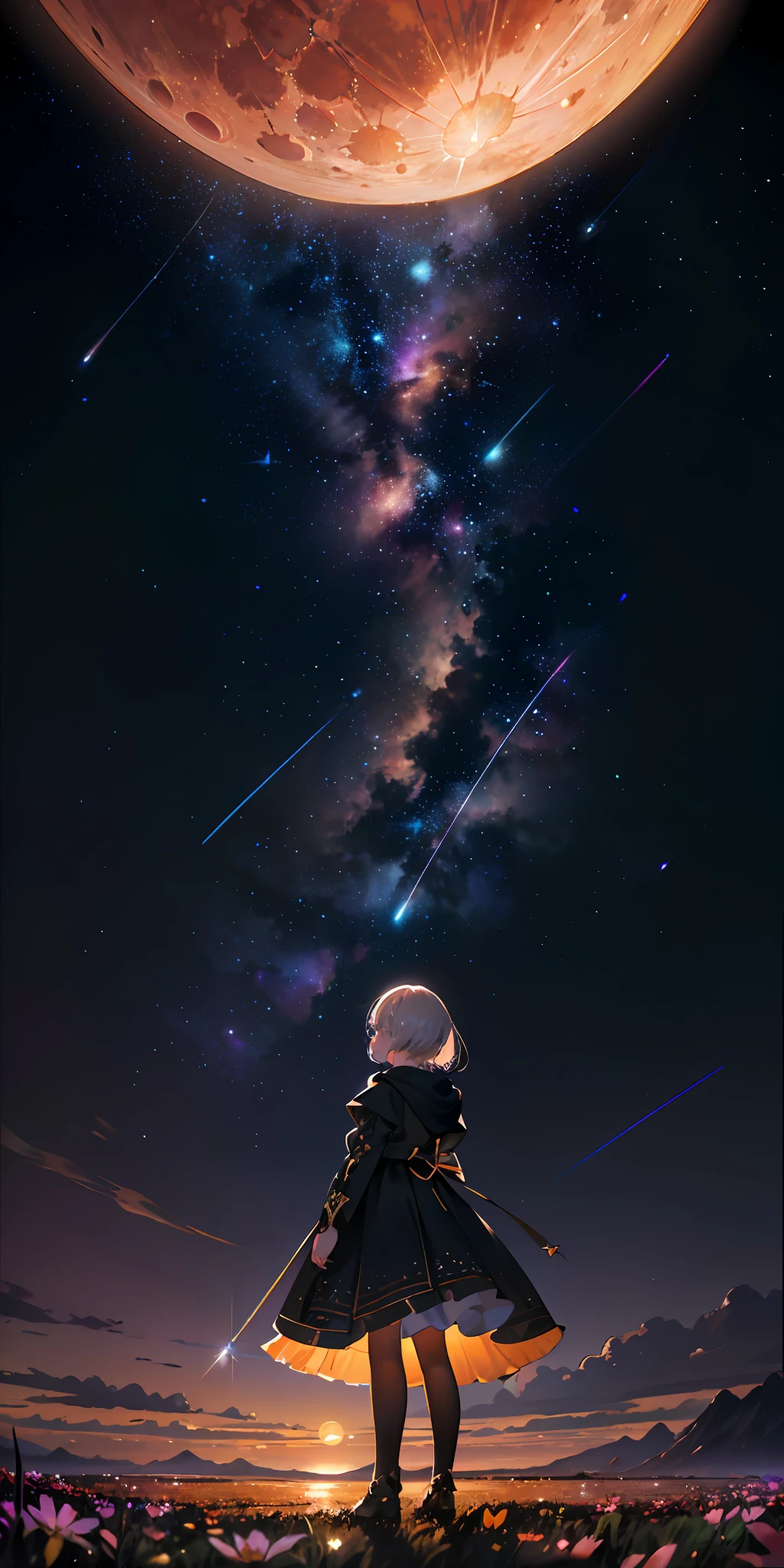 Expansive landscape photograph, (view from below with a view of the sky and wilderness below), girl standing in a flower field looking up, (full moon: 1.2), (shooting star: 0.9), (nebula: 1.3), distant mountain, tree break production art, (warm light source: 1.2), (firefly: 1.2), lamp, purple and orange, intricate detail, volume lighting, realism break (masterpiece: 1.2) , (highest quality), 4k, ultra-detailed, (dynamic configuration: 1.4), highly detailed and colorful details, (iridescent colors: 1.2), (sparkling lighting, atmospheric lighting), dreamy, magical, (solo: 1.2), sunset, starry sky,
