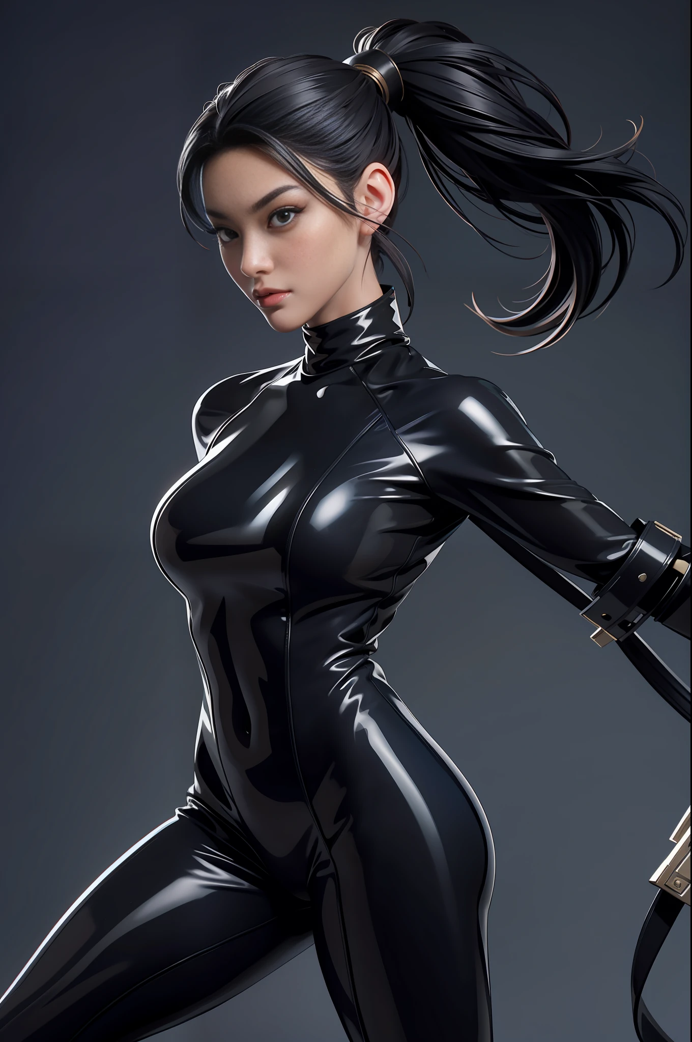 solo, super fine photo, portrait Unreal Engine 5 8K UHD of beautiful and mature Asian girl, gorgeous, ponytail hair, black tight latex catsuit, latex glove, latex arm and leg cuffs, beautiful make up, luxurious, best quality, masterpiece, official art, unified 8k wallpaper, super detailed, sharp focus, dynamic pose, body parts, no extra limbs, precisely anatomy