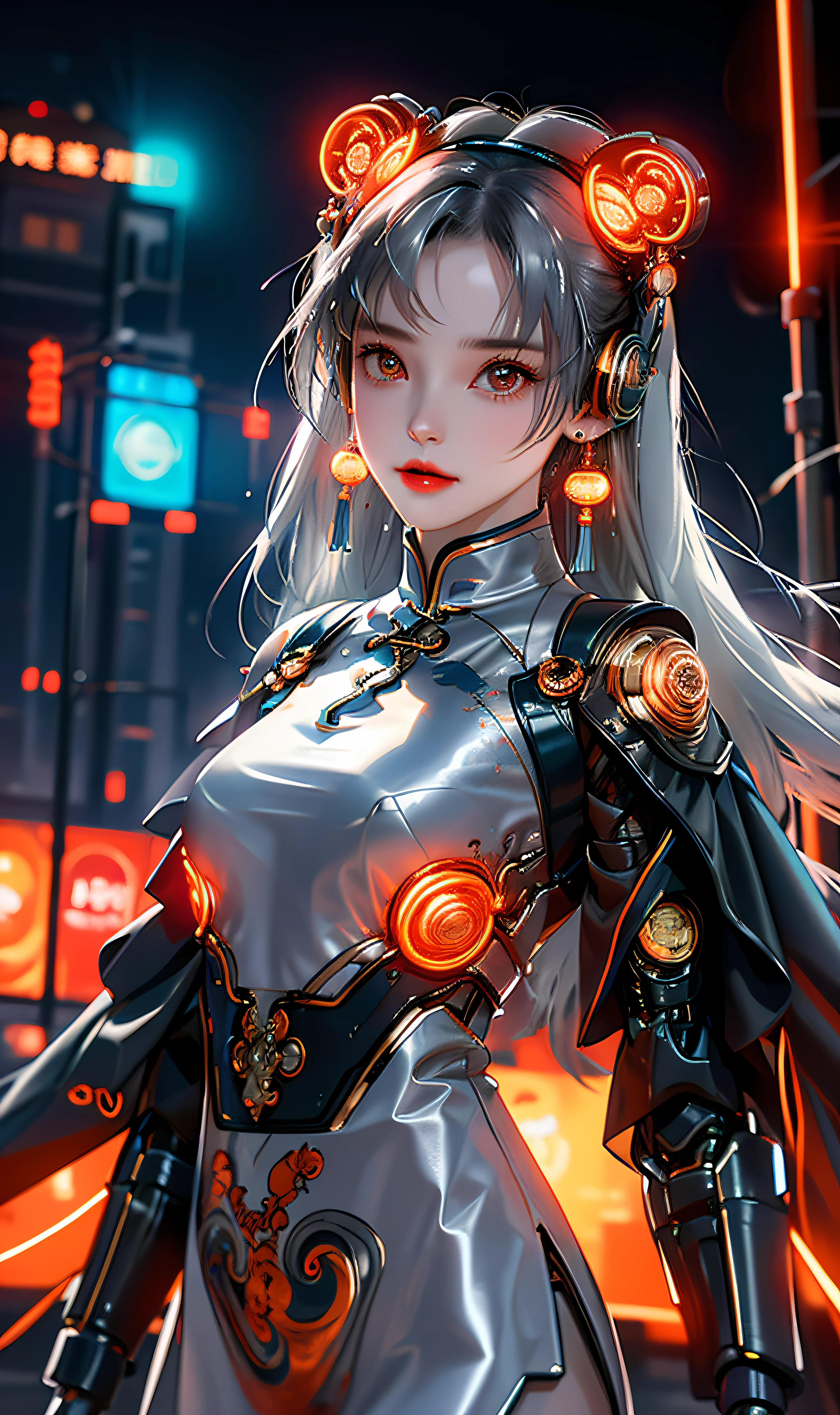 1 girl, Chinese_clothes, liquid silver and orange, cyberhan, cheongsam, cyberpunk city, dynamic pose, detailed luminous headphones, glowing hair accessories, long hair, glowing earrings, glowing necklace, cyberpunk, high-tech city, full of mechanical and futuristic elements, futuristic, technology, glowing neon, orange, orange light, transparent tulle, transparent streamers, laser, digital background urban sky, big moon, with vehicles, best quality, masterpiece, 8K, character edge light, Super high detail, high quality, the most beautiful woman in human beings, micro smile, face facing front and left and right symmetry, ear decoration, beautiful pupils, light effects, visual data, silver white hair, super detail facial texture