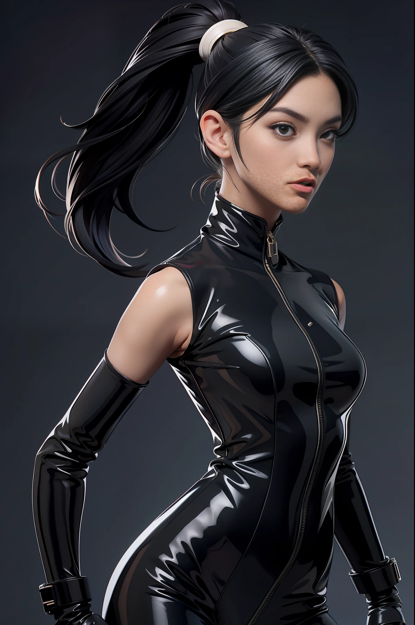 solo, super fine photo, portrait Unreal Engine 5 8K UHD of beautiful and mature Asian girl, gorgeous, ponytail hair, black tight latex catsuit, latex glove, latex arm and leg cuffs, beautiful make up, luxurious, best quality, masterpiece, official art, unified 8k wallpaper, super detailed, sharp focus, dynamic pose, body parts, no extra limbs, precisely anatomy