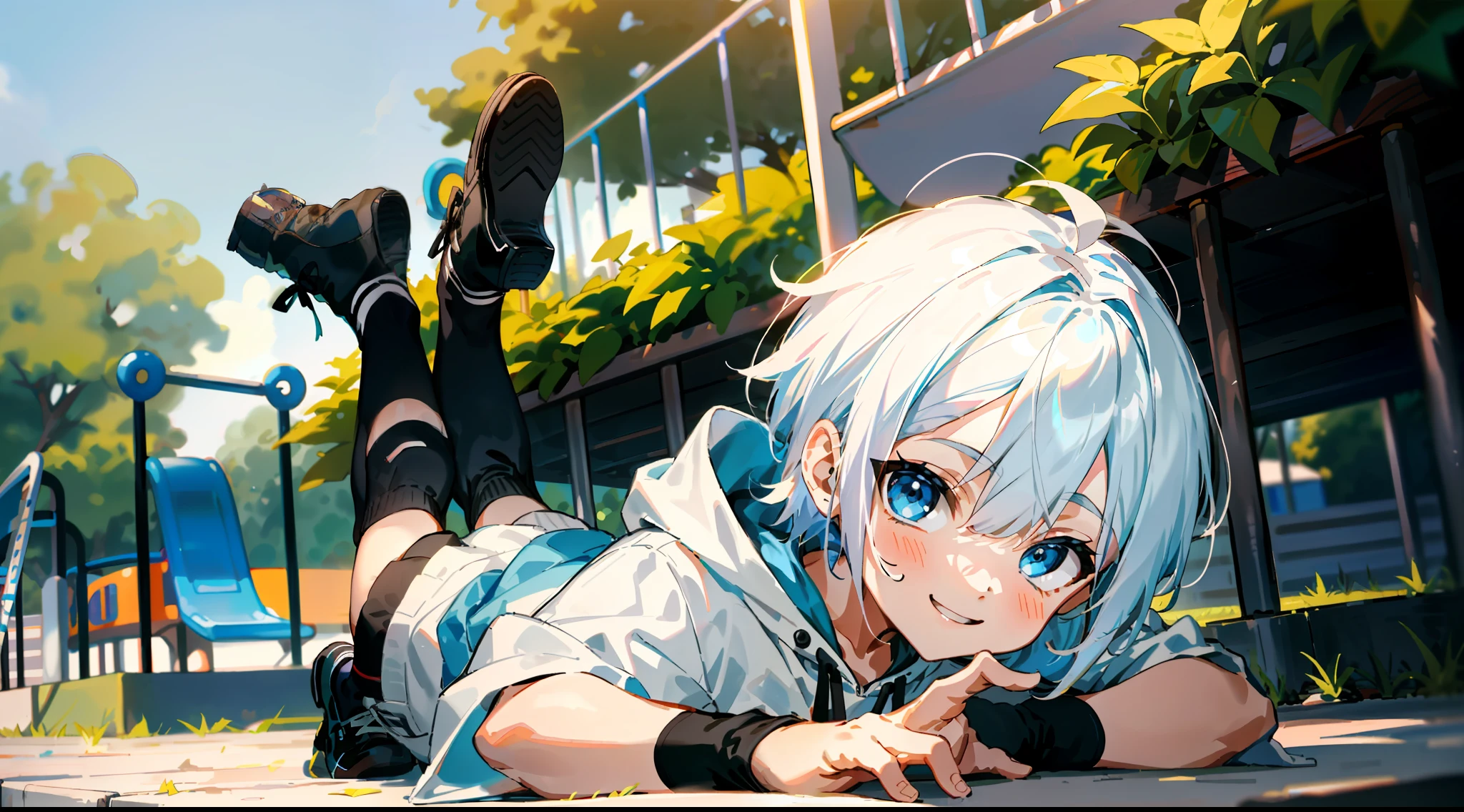 HD picture, children's youthful style, dynamic face appearance, strong and vibrant blue eyes, playground background, white Bob hairstyle 1boy lying on the ground facing the front knot scissors gesture, wearing slim white hoodie and black knee socks, smiling, black shoes, depth of field, full body view.