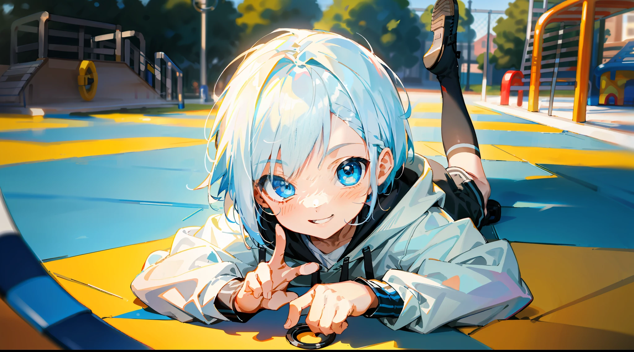 HD picture, children's youthful style, dynamic face appearance, strong and vibrant blue eyes, playground background, white Bob hairstyle 1boy lying on the ground facing the front knot scissors gesture, wearing slim white hoodie and black knee socks, smiling, black shoes, depth of field, full body view.