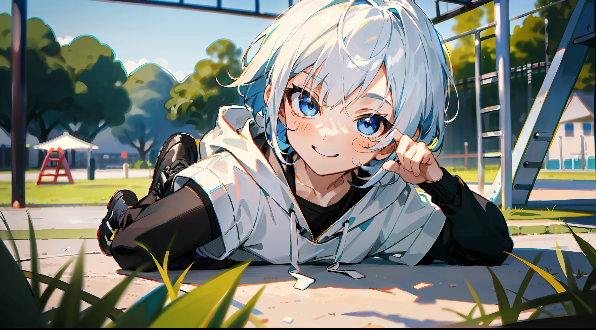 HD picture, children's youthful style, dynamic face appearance, strong and vibrant blue eyes, playground background, white Bob hairstyle 1boy lying on the ground facing the front knot scissors gesture, wearing slim white hoodie and black knee socks, smiling, black shoes, depth of field, full body view.