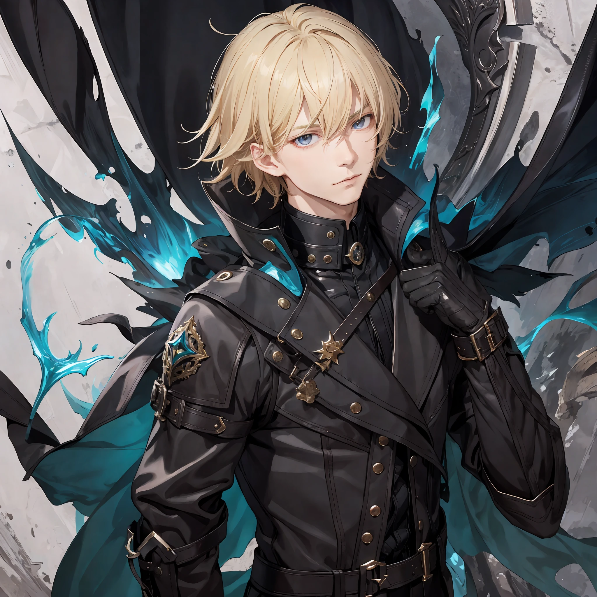 masterpiece, best quality, 1man, adult, male focus, solo, medium blonde hair, vibrant black eyes, looking at viewer, cape, closed mouth, bangs, high collar,(kbxll:0.6), Fantasy aesthetics, Highly detailed, shadowverse style, leather coat, wind elemental