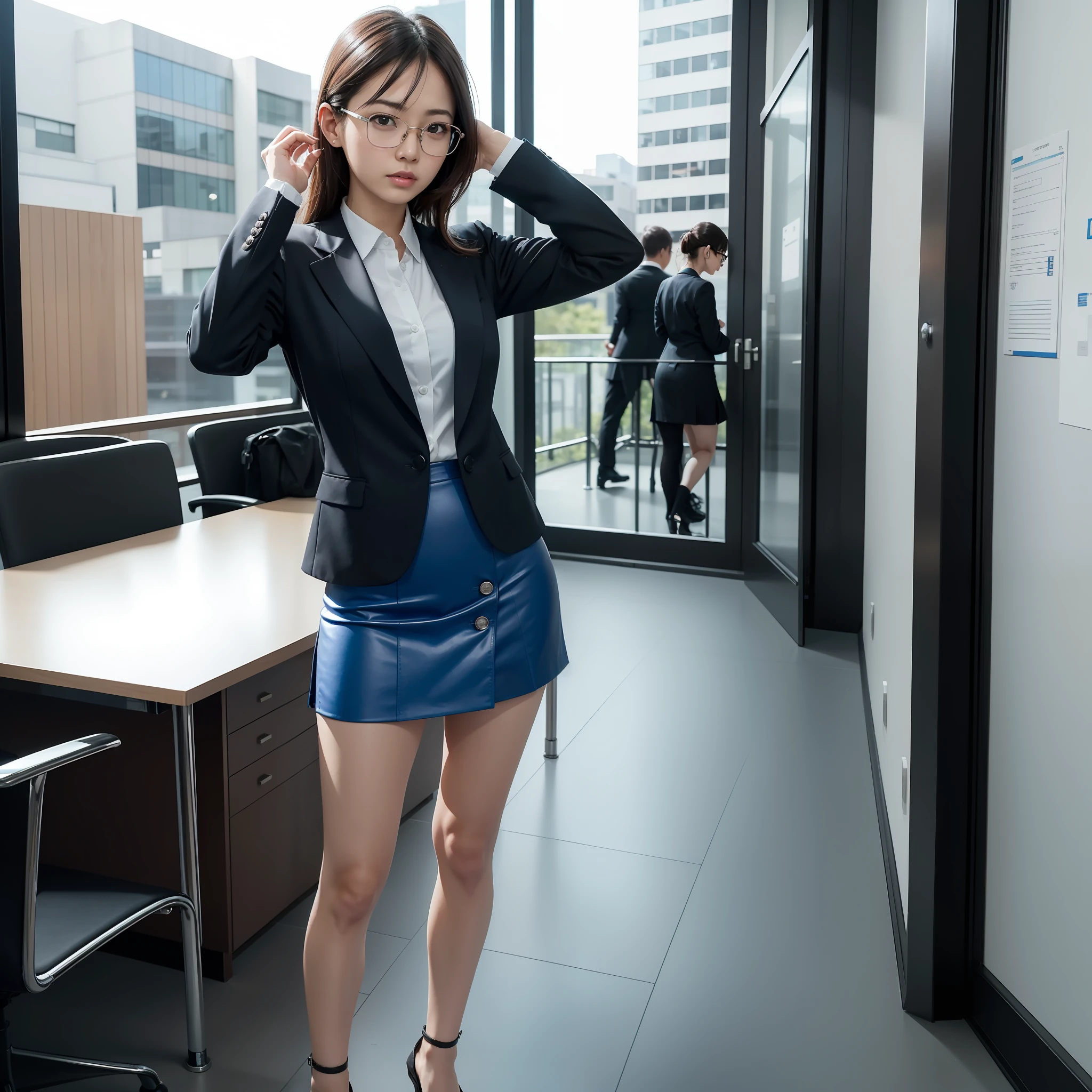 alone, solo, woman in her 20s posing for photo, victory, tsundere, knotted, office lady, suit, blue mini skirt, anger, small, glasses, slim girl model photo, physical: tiniest mid-life ever, female model, Japan female fashion model, (8k, raw photo, best quality, masterpiece: 1.2), (realistic, photorealistic: 1.37), super detailed, Ultra high resolution, summer, office district, standing, full body, (((SEXY)))