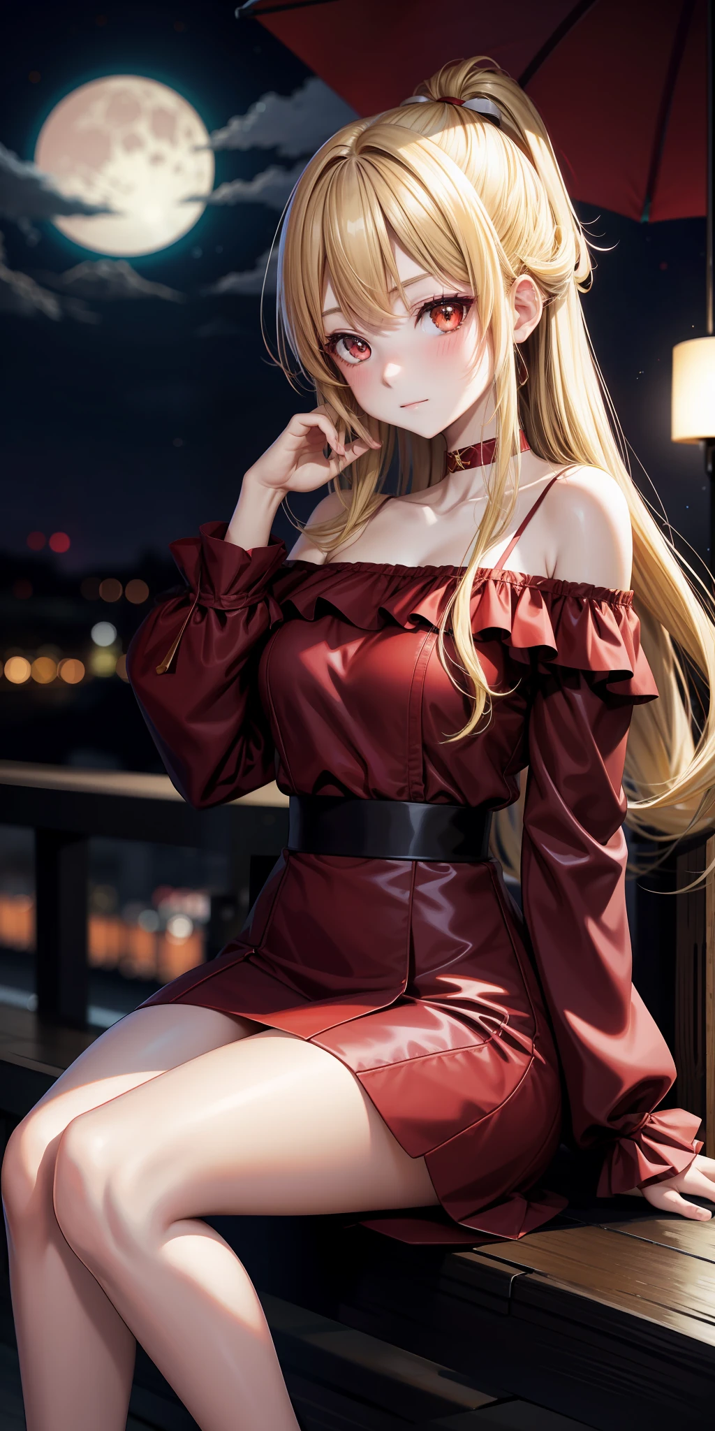 anime, girl single, blonde, red eyes, upper eyes, blush, kyoto, moon, red dress, off-shoulder, sitting