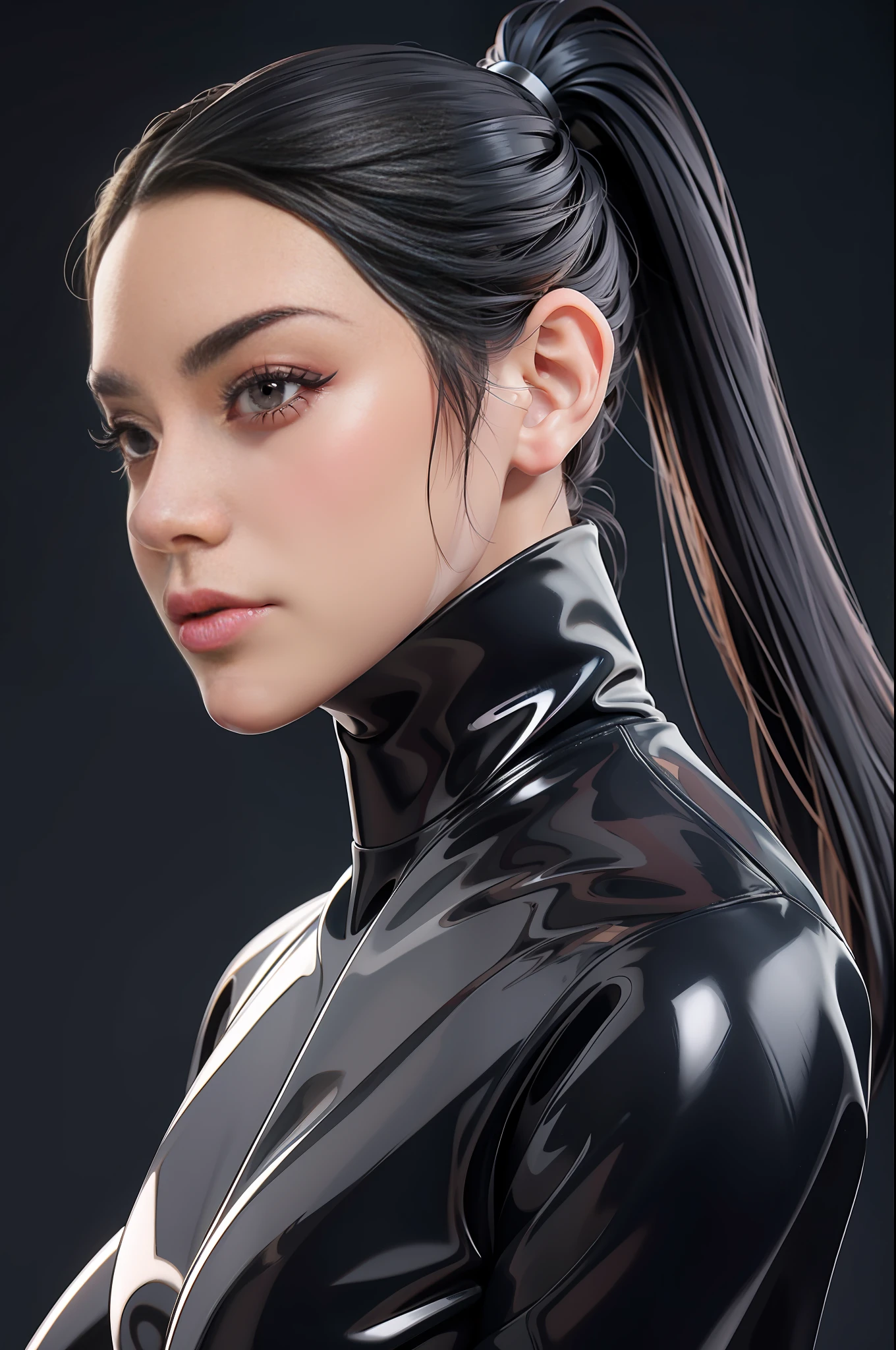 solo, super fine photo, portrait Unreal Engine 5 8K UHD of beautiful and mature Asian girl, gorgeous, ponytail hair, black tight latex catsuit with straps, latex glove, latex arm and leg cuffs, beautiful make up, luxurious, best quality, masterpiece, official art, unified 8k wallpaper, super detailed, sharp focus, dynamic pose, body parts, no extra limbs, precisely anatomy