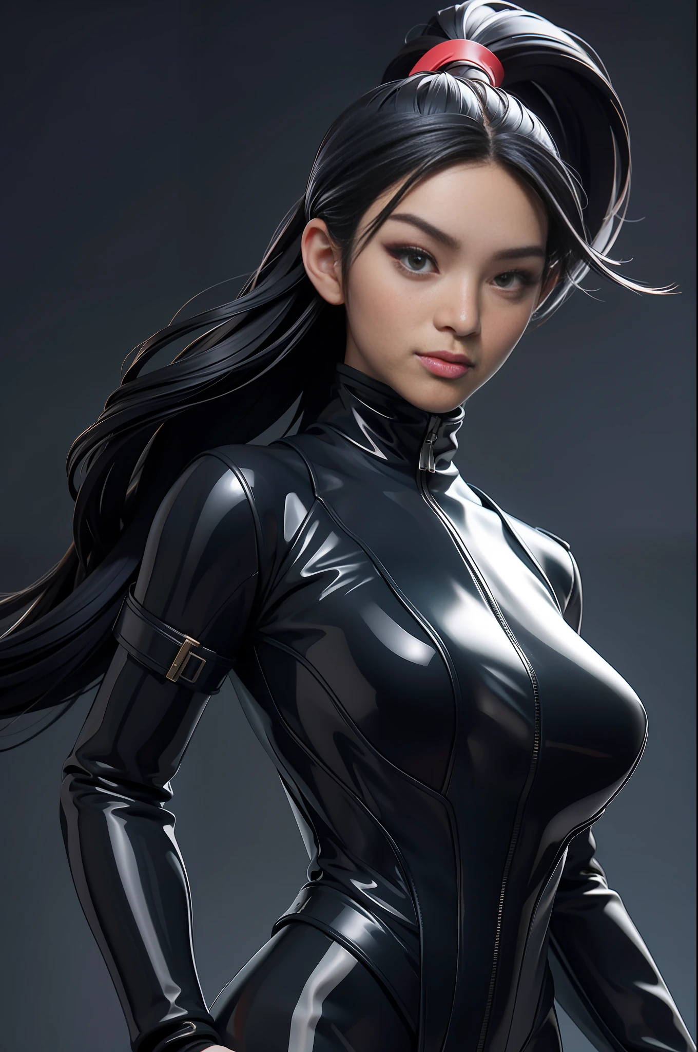 solo, super fine photo, portrait Unreal Engine 5 8K UHD of beautiful and mature Asian girl, gorgeous, ponytail hair, black tight futuristic latex catsuit with straps, latex glove, cyberpunk design, futuristic female agent, latex arm and leg cuffs, beautiful make up, luxurious, best quality, masterpiece, official art, unified 8k wallpaper, super detailed, sharp focus, dynamic pose, body parts, no extra limbs, precisely anatomy