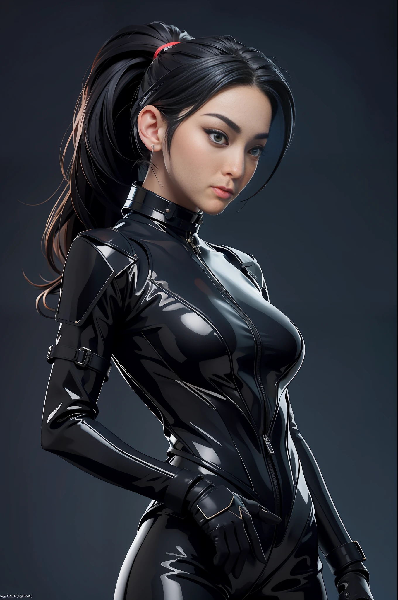 solo, super fine photo, portrait Unreal Engine 5 8K UHD of beautiful and mature Asian girl, gorgeous, ponytail hair, black tight futuristic latex catsuit with straps, latex glove, cyberpunk design, futuristic female agent, latex arm and leg cuffs, beautiful make up, luxurious, best quality, masterpiece, official art, unified 8k wallpaper, super detailed, sharp focus, dynamic pose, body parts, no extra limbs, precisely anatomy