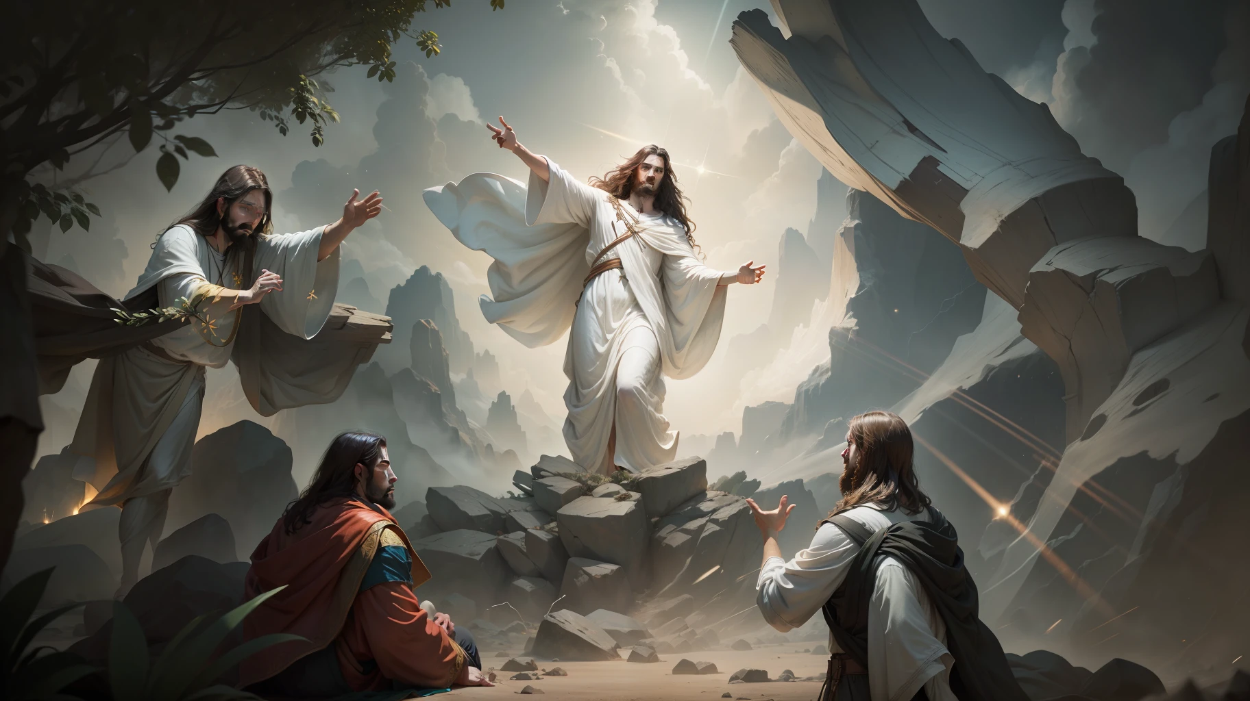 Jesus transfiguration portrait, modern, cinematic lighting, depth of field, bokeh, realism, photorealistic, hyperrealism, professional photography, uhd, dslr, hdr