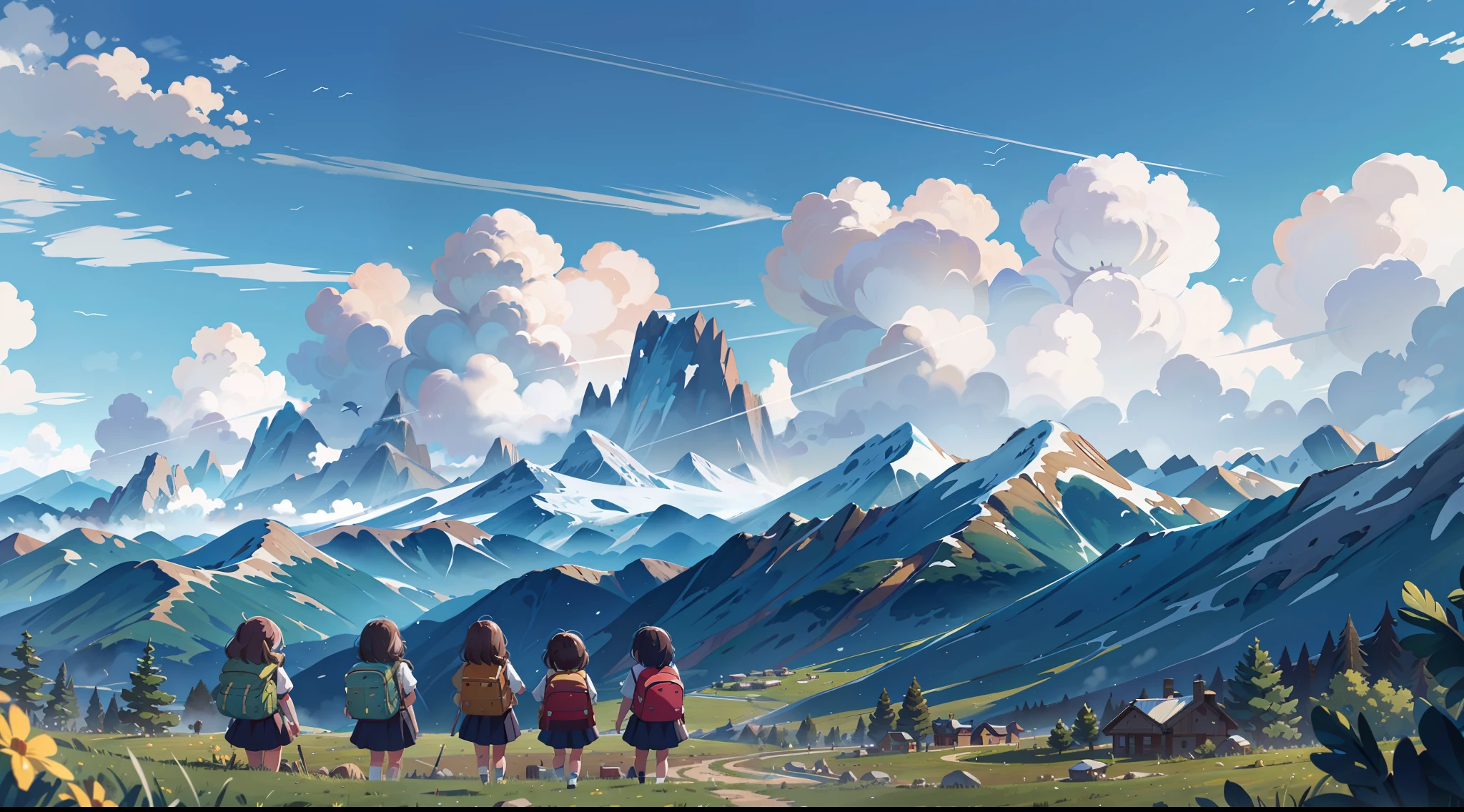 Blue sky, white clouds, mountains, outings with school bags on their backs, panorama, very detailed, best quality, 4K, cinematic lighting effects,