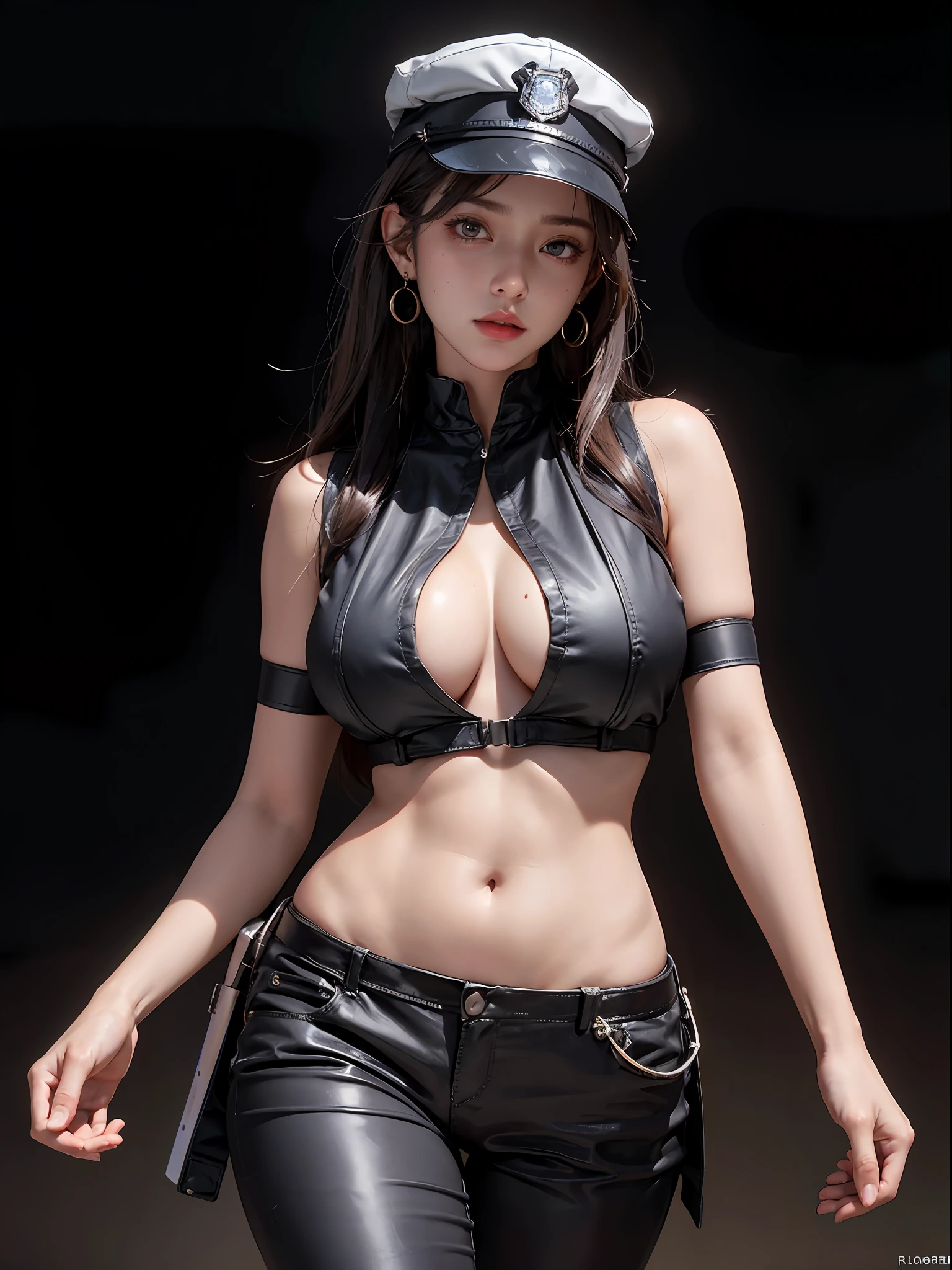simple background (in women's police uniform and police cap: 1.4), good hand, 4k, high resolution, masterpiece, best quality, head: 1.3, ((Hasselblad photo)), finely detailed skin, clear focus, (cinematic lighting), soft lighting, dynamic angle, [:(detailed face: 1.2):0.2], belly gaze, huge breasts, breasts, (((inside the mansion))),(bare tits:1.4), 1girl, jewelry, earrings, orange_sky, solo, mole, long_hair,   mole_under_eye, upper_body, grey_eyes, looking_at_viewer, black hair, fashion (head tilt: 1.4), plain background, red background,