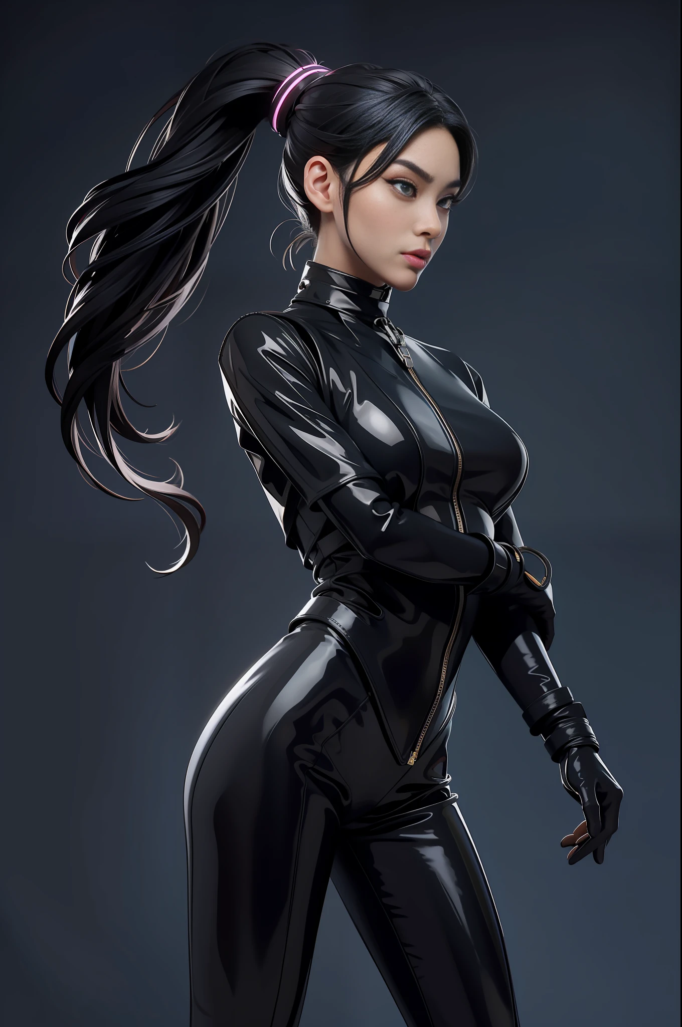 solo, super fine photo, portrait Unreal Engine 5 8K UHD of beautiful and mature Asian girl, gorgeous, ponytail hair, black tight futuristic latex catsuit with straps, latex glove, latex belts, cyberpunk design, futuristic female agent, latex arm and leg cuffs, beautiful make up, luxurious, best quality, masterpiece, official art, unified 8k wallpaper, super detailed, sharp focus, dynamic pose, body parts, no extra limbs, precisely anatomy