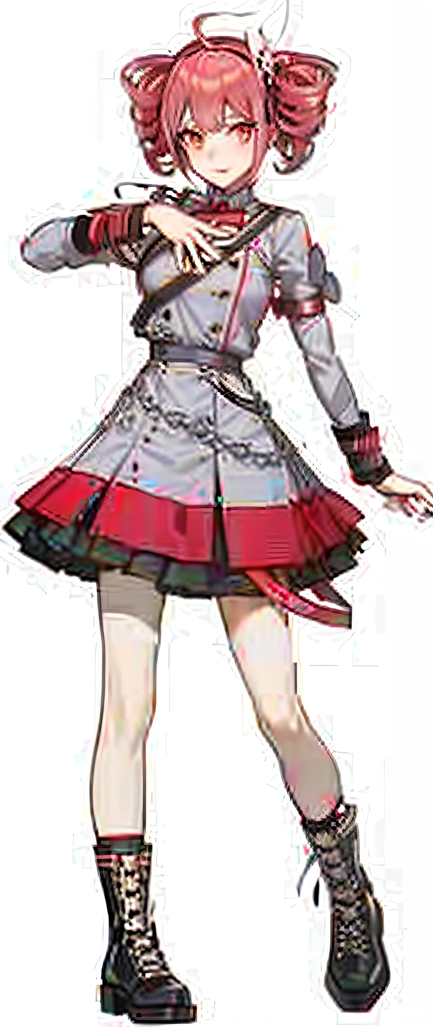 a close up of a person in a dress and boots, female protagonist 👀 :8, girls frontline style, fine details. girls frontline, from girls frontline, yandere. tall, yandere intricate, female protagonist, grayscale phtoto with red dress, chiaki nanami from danganronpa, fashionable rpg clothing, red uniform, girls frontline cg