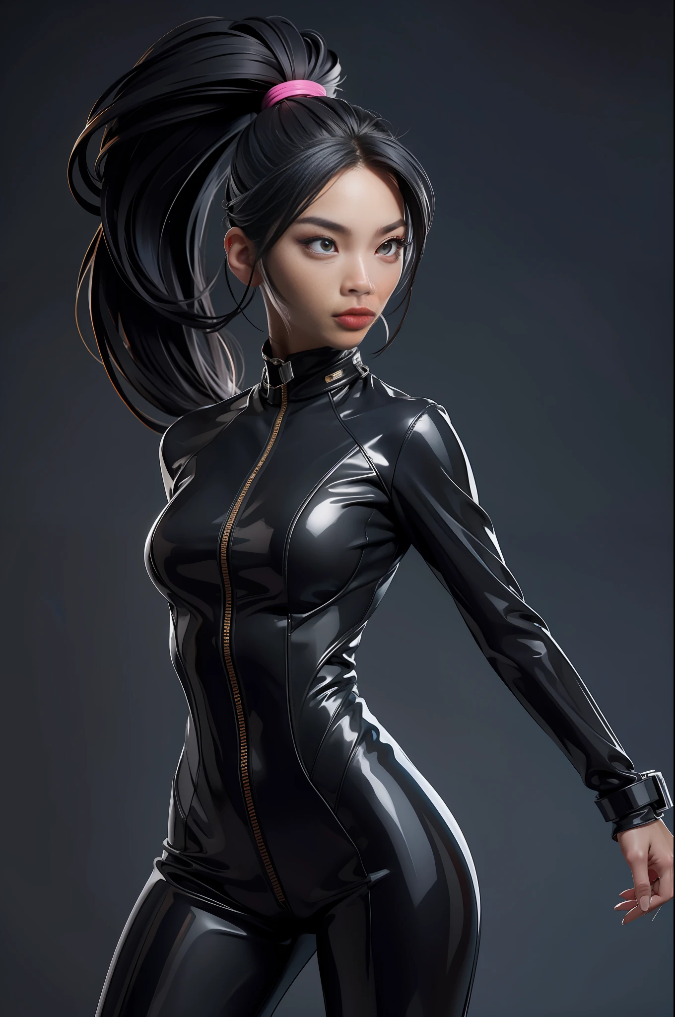 solo, super fine photo, portrait Unreal Engine 5 8K UHD of beautiful and mature Asian girl, gorgeous, ponytail hair, black tight futuristic latex catsuit with straps, latex glove, latex belts, cyberpunk design, futuristic female agent, latex arm and leg cuffs, beautiful make up, luxurious, best quality, masterpiece, official art, unified 8k wallpaper, super detailed, sharp focus, dynamic pose, body parts, no extra limbs, precisely anatomy