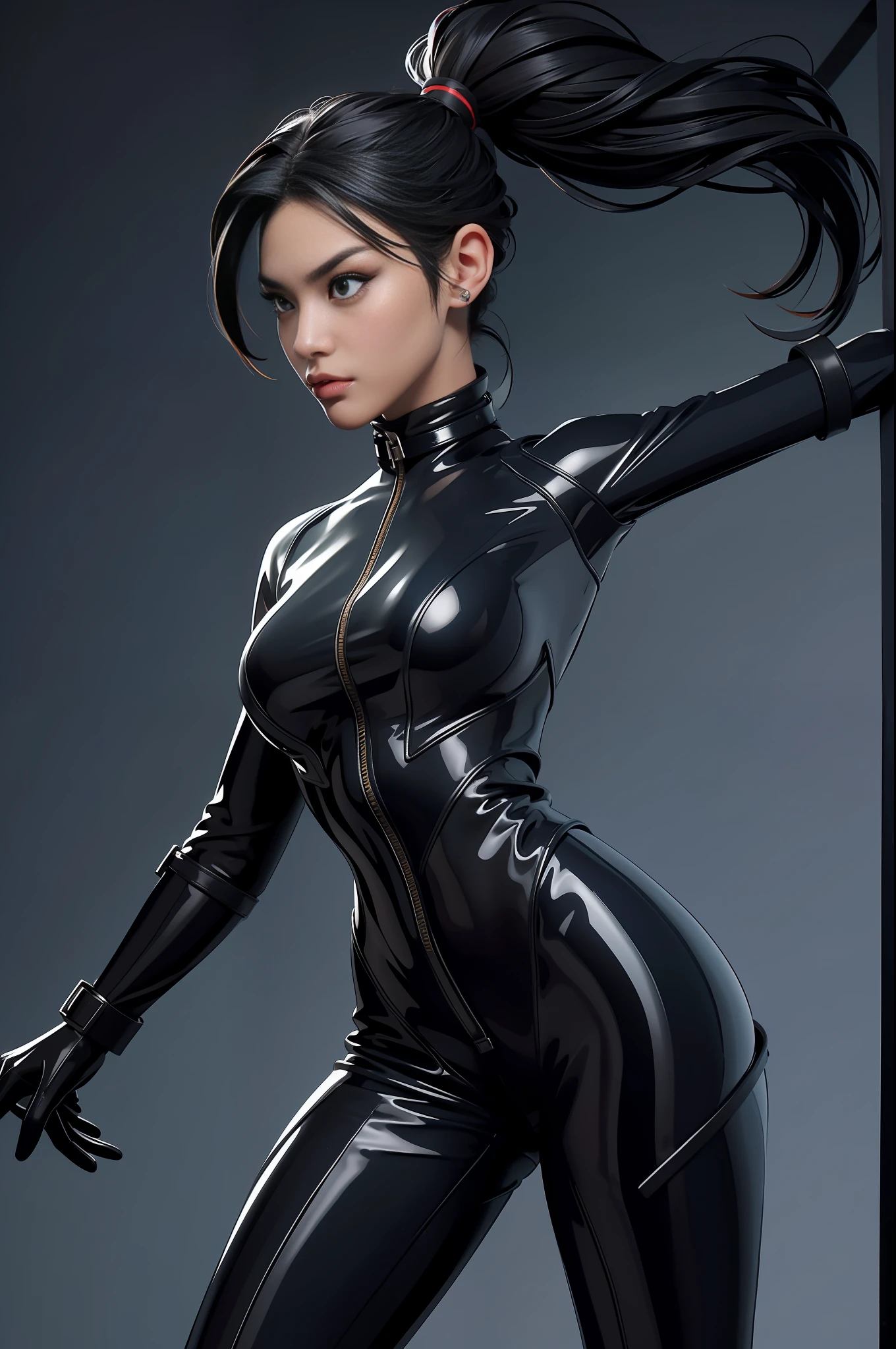 solo, super fine photo, portrait Unreal Engine 5 8K UHD of beautiful and mature Asian girl, gorgeous, ponytail hair, black tight futuristic latex catsuit with straps, latex glove, latex belts, cyberpunk design, futuristic female agent, latex arm and leg cuffs, beautiful make up, luxurious, best quality, masterpiece, official art, unified 8k wallpaper, super detailed, sharp focus, dynamic pose, body parts, no extra limbs, precisely anatomy