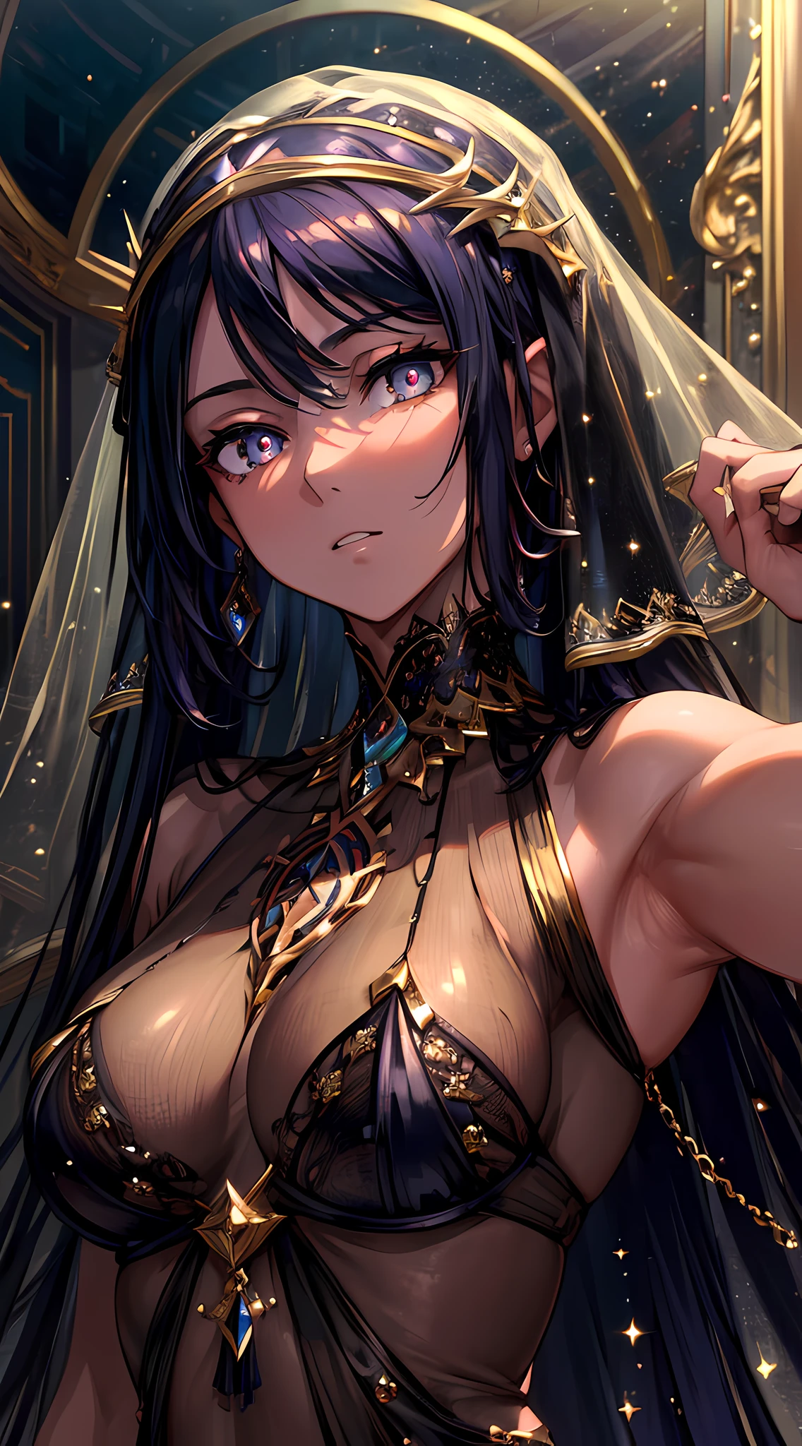 (masterpiece, best quality:1.5), official art, raw photo, incredibly absurdres, Arabian Nights, upper body, dancer, veil, see-through, (decorative, shiny:0.8), ultra realistic, highres, photography, sharp focus, highest detailed, extreme detailed, ultra detailed, finely detail, extremely detailed eyes and face, sharp pupils, realistic pupils