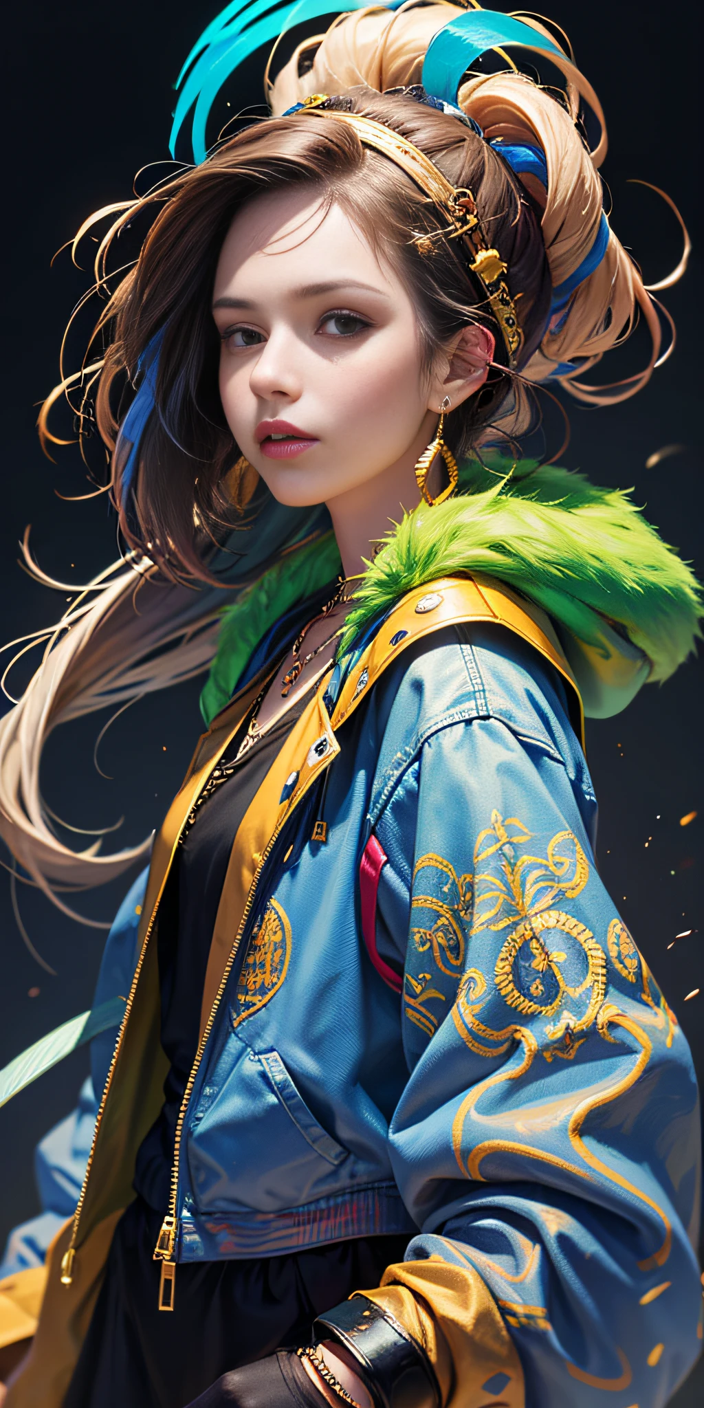 1 girl, 8k quality, masterpiece, best quality, solo, high resolution, street art, dopamine dressing, loose clothing, colorful accessories, jewelry, perfect combination of trend and street