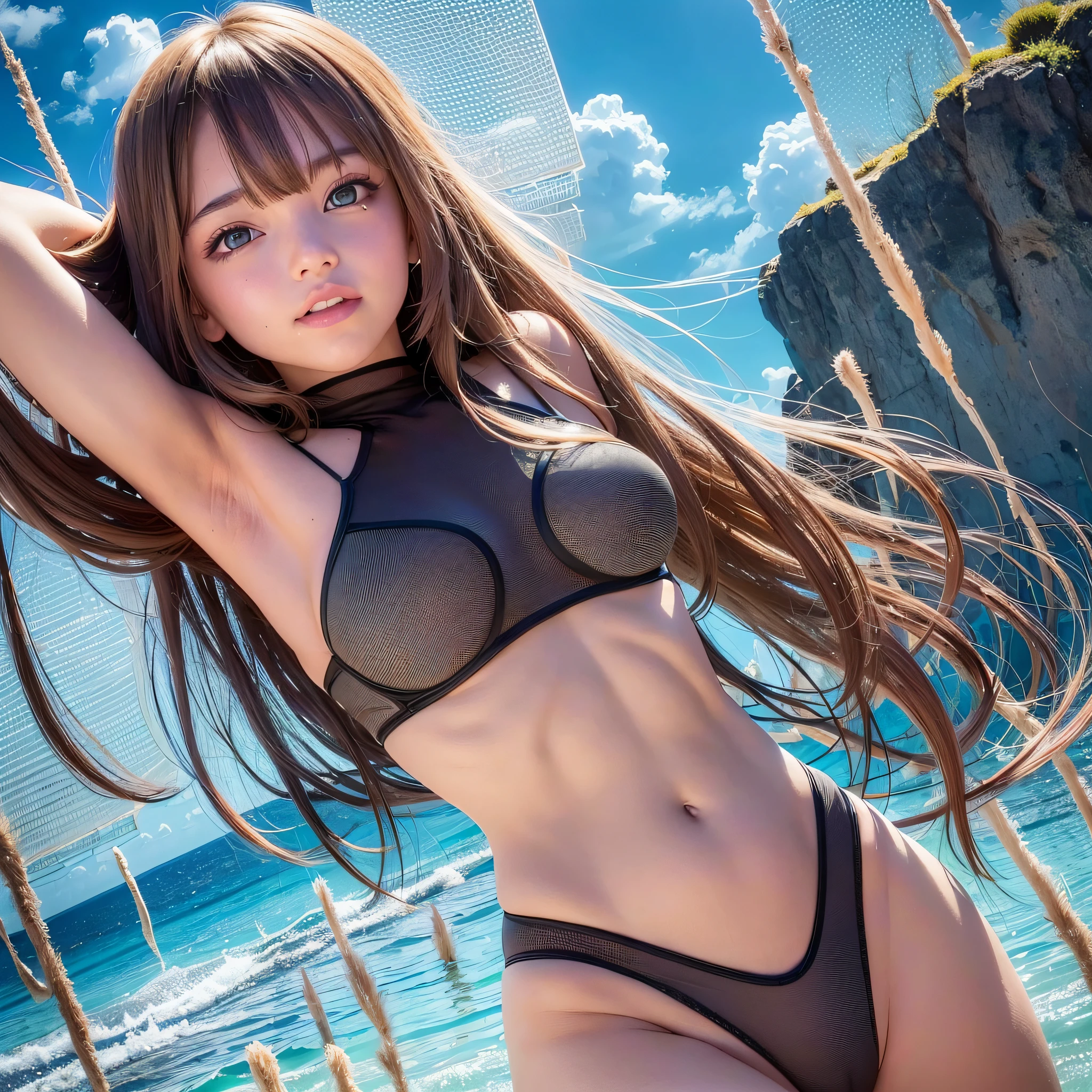 Teenage cute girl, see-through swimsuit, (masterpiece, top quality: 1.2), ultra high resolution, (photorealistic: 1.4), detailed skin, cinematic lighting, bare breasts, armpits, friendly, intelligent, charming conversation, happy, kind, energetic, cheerful, creative, with glowing eyes and contagious smile, --auto --s2