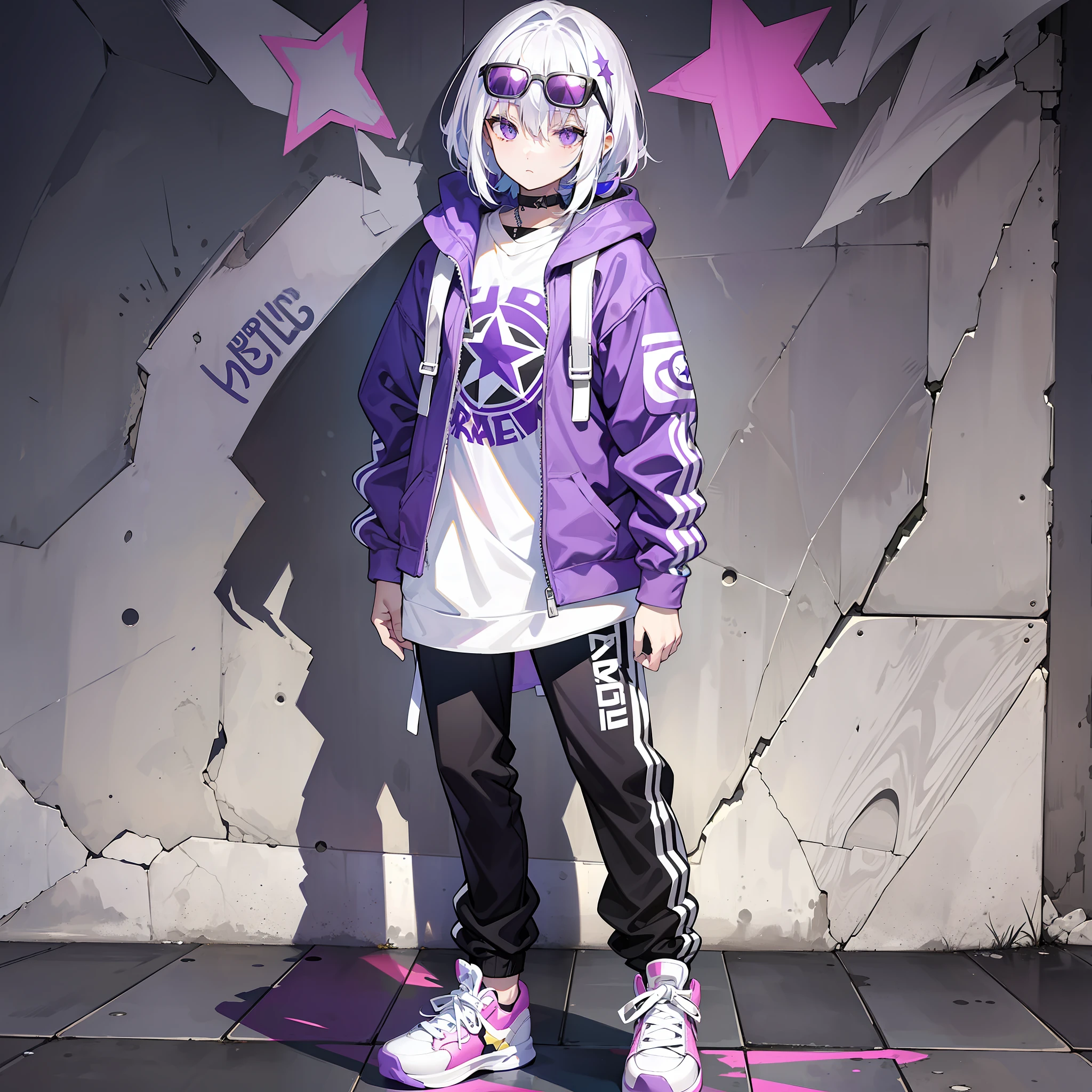 Girly, cool, skateboard, white hair, purple dye, sunglasses on head, star decoration, full body, no background
