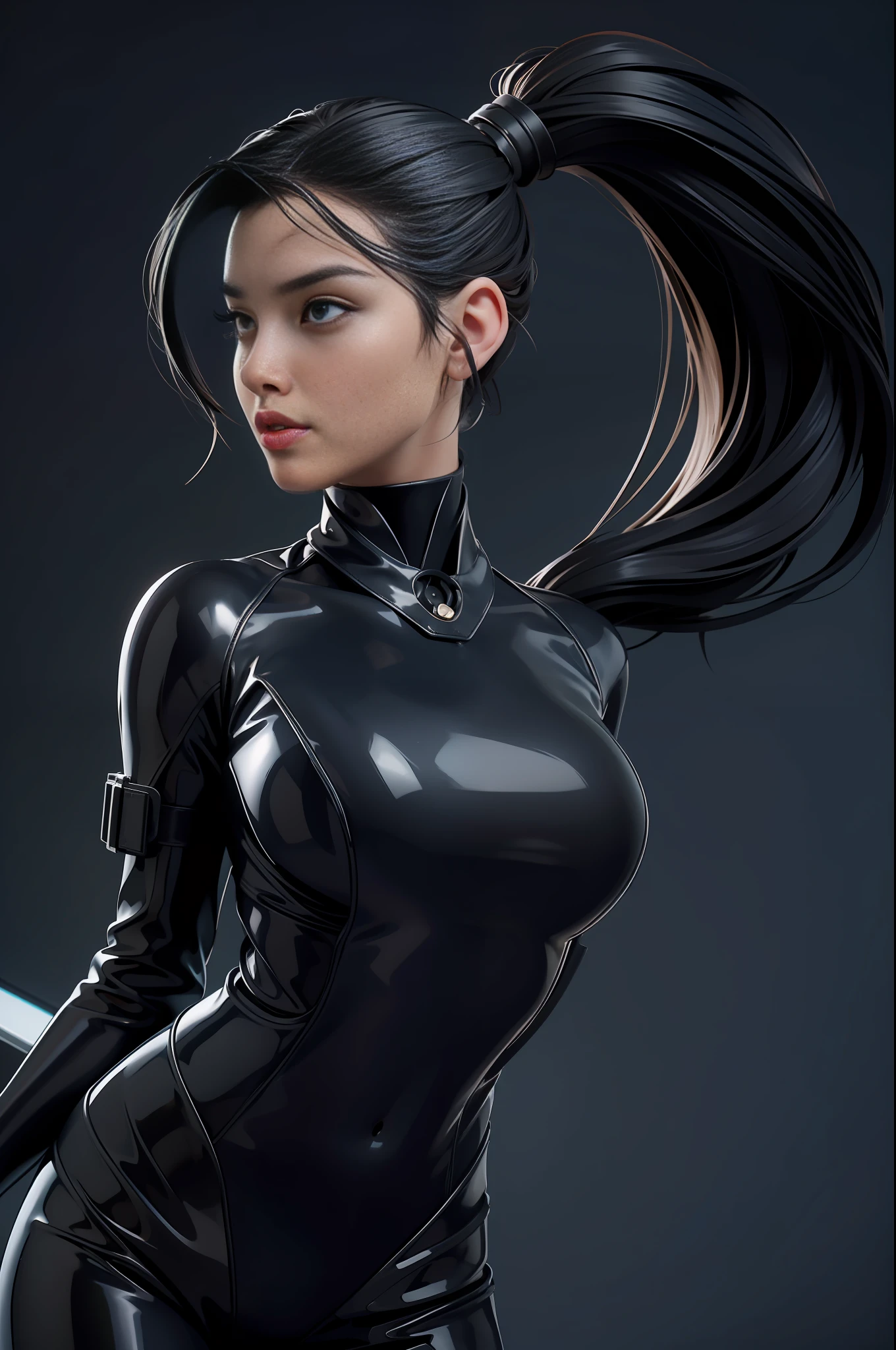 solo, super fine photo, portrait Unreal Engine 5 8K UHD of beautiful and mature girl, gorgeous, ponytail hair, black tight futuristic latex catsuit with straps, latex glove, latex belts, cyberpunk design, futuristic female agent, latex arm and leg cuffs, beautiful make up, luxurious, best quality, masterpiece, official art, unified 8k wallpaper, super detailed, sharp focus, dynamic pose, body parts, no extra limbs, precisely anatomy