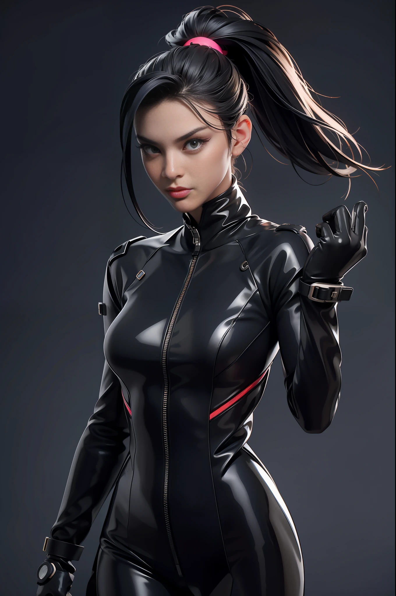 solo, super fine photo, portrait Unreal Engine 5 8K UHD of beautiful and mature girl, gorgeous, ponytail hair, black tight futuristic latex catsuit with straps, latex glove, latex belts, cyberpunk design, futuristic female agent, latex arm and leg cuffs, beautiful make up, luxurious, best quality, masterpiece, official art, unified 8k wallpaper, super detailed, sharp focus, dynamic pose, body parts, no extra limbs, precisely anatomy