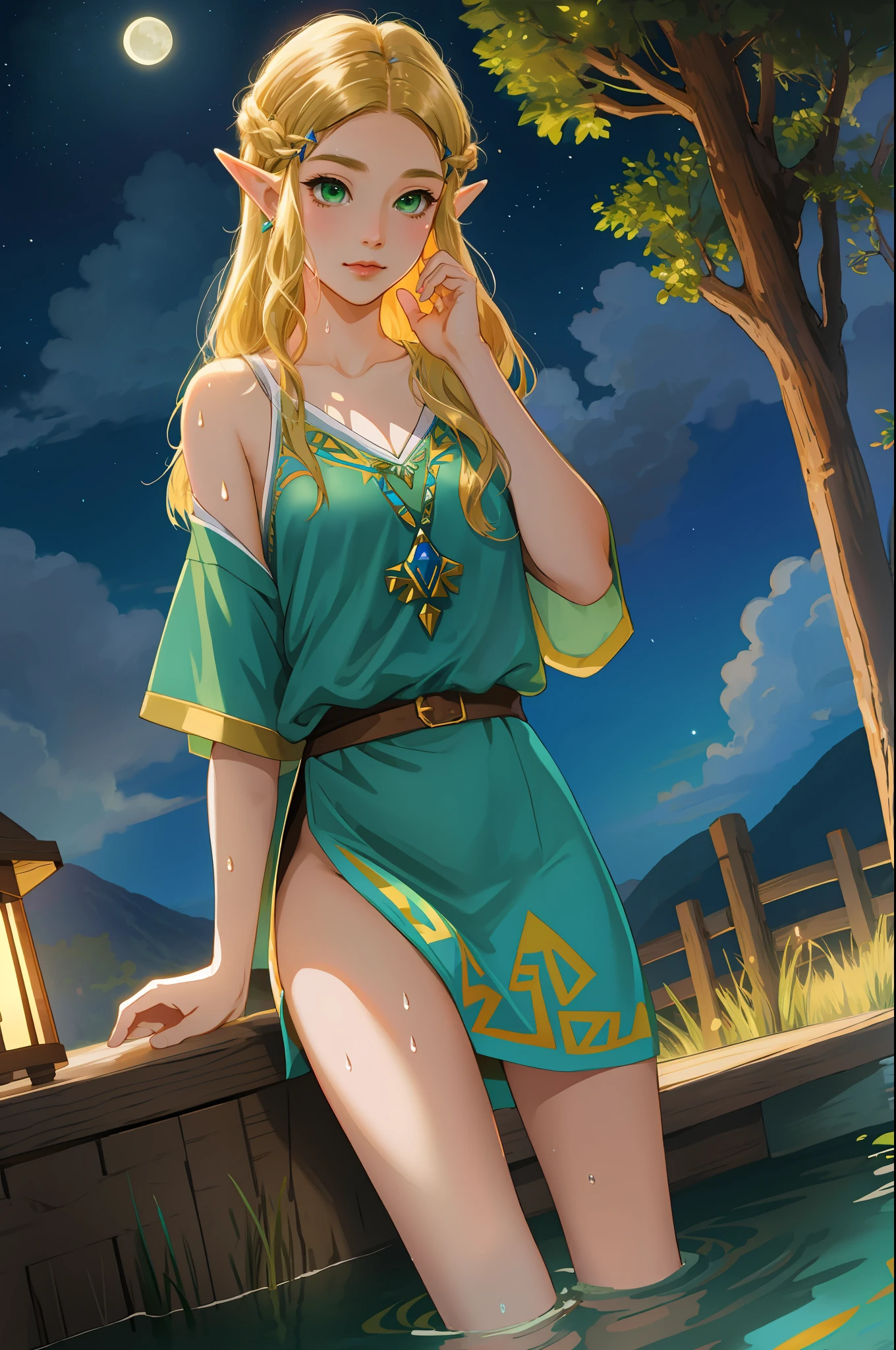 Zelda ((masterpiece)), (illustration), ((best quality)), rainbow color, high resolution illustration, Amazing, highres, intricate detail, extremely detailed CG unity 8k wallpaper ((zelda)), small breast, naked, Blonde long hair, infatuation, (green eyes), NSFW, moonlight, night, in the water, hot spring, sexy short skirt, no panties, wet clothes, transparent clothes, no bra, undressing, lifting skirt