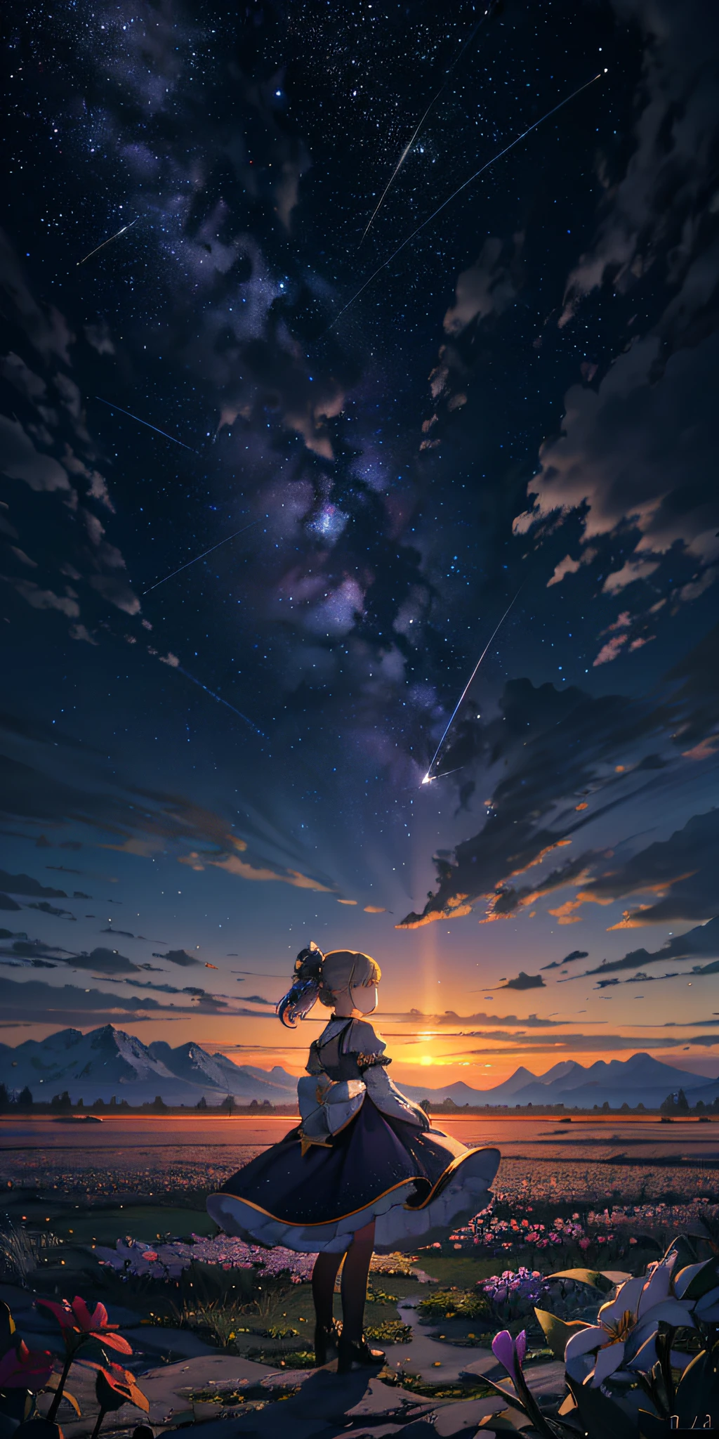 Expansive landscape photograph, (view from below with a view of the sky and wilderness below), little girl standing in a flower field looking up, (full moon: 1.2), (shooting star: 0.9), (nebula: 1.3), distant mountain, tree break production art, (warm light source: 1.2), (firefly: 1.2), lamp, purple and orange, intricate detail, volume lighting, realism break (masterpiece: 1.2) , (highest quality), 4k, ultra-detailed, (dynamic configuration: 1.4), highly detailed and colorful details, (iridescent colors: 1.2), (sparkling lighting, atmospheric lighting), dreamy, magical, (solo: 1.2), sunset, starry sky,