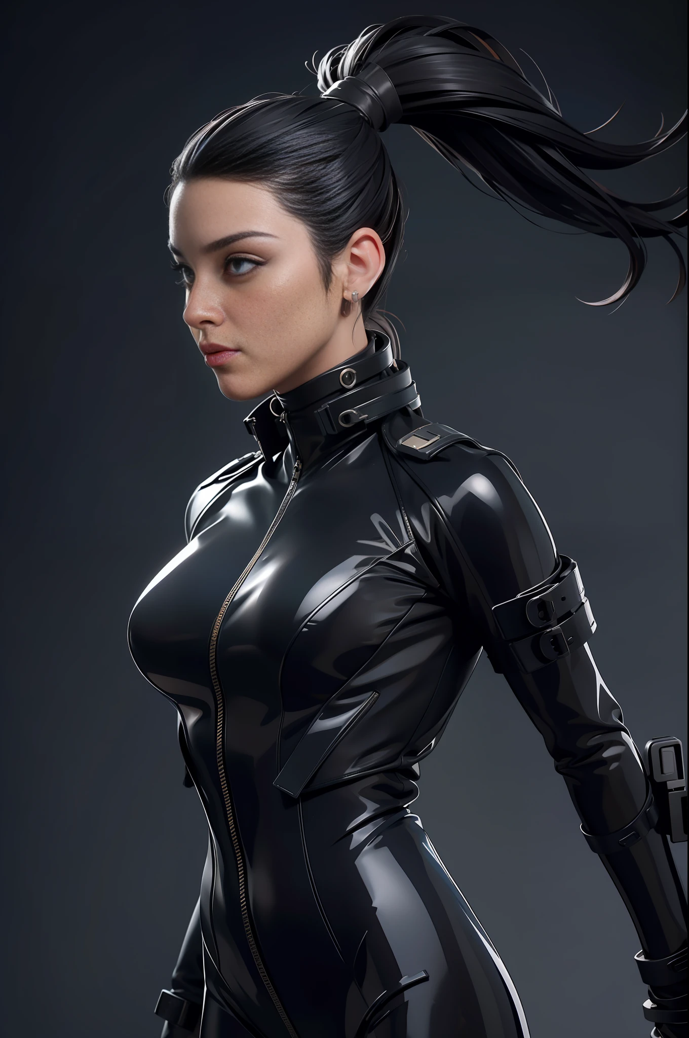 solo, super fine photo, portrait Unreal Engine 5 8K UHD of beautiful and mature girl, gorgeous, ponytail hair, black tight futuristic latex catsuit with straps, latex glove, latex belts, cyberpunk design, futuristic female agent, latex arm and leg cuffs, beautiful make up, luxurious, best quality, masterpiece, official art, unified 8k wallpaper, super detailed, sharp focus, dynamic pose, body parts, no extra limbs, precisely ???????