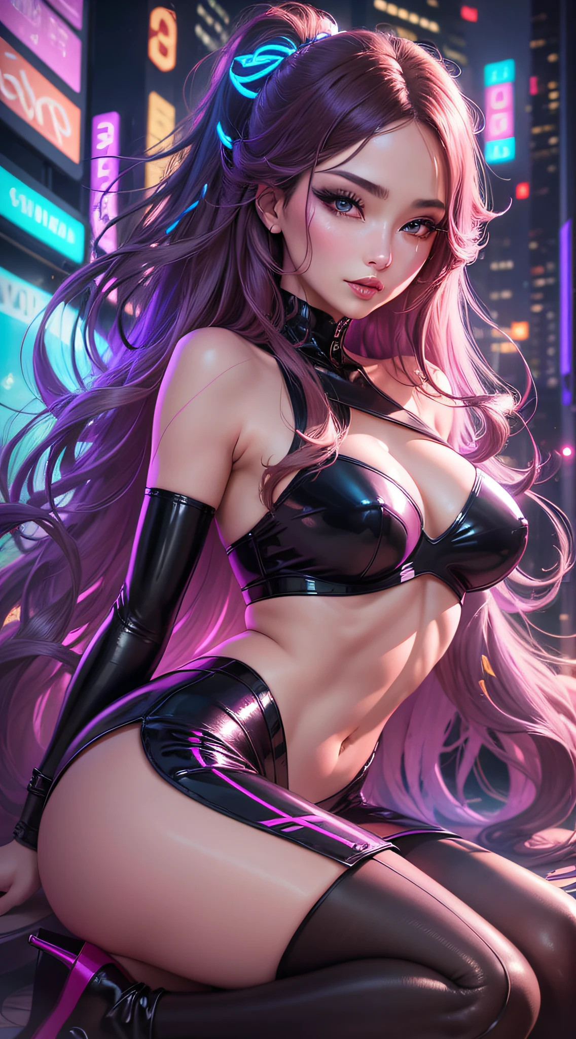 High heels, tights, long flowing hair, sexy and seductive, seductive and charming, smooth lines, warm colors, soft light and shadow, exquisite details, bright lip color, disorienting eyes, dynamic, night city, neon lights, gorgeous effects, seductive colors. --auto --s2