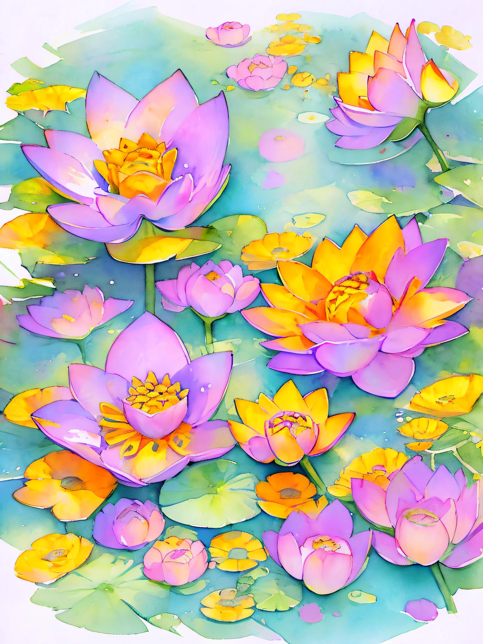 top view lotus flowers on the water surface, highly detailed render, concept art, depth of field, bokeh, octane render, sunny mystical atmosphere Elemental flowers, 32k, watercolor