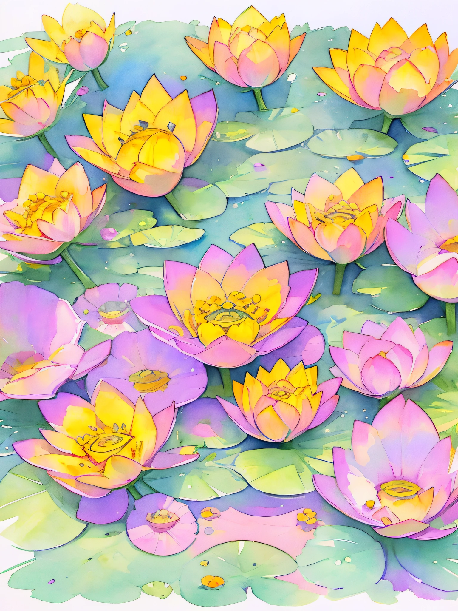 top view lotus flowers on the water surface, highly detailed render, concept art, depth of field, bokeh, octane render, sunny mystical atmosphere Elemental flowers, 32k, watercolor