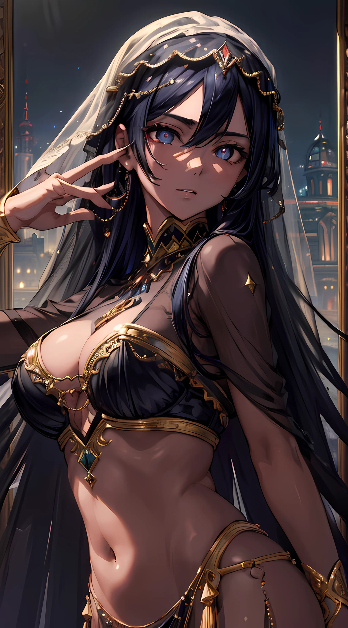 (masterpiece, best quality:1.5), official art, raw photo, incredibly absurdres, Arabian Nights, upper body, dancer, veil, see-through, (decorative, shiny:0.8), ultra realistic, highres, photography, sharp focus, highest detailed, extreme detailed, ultra detailed, finely detail, extremely detailed eyes and face, sharp pupils, realistic pupils