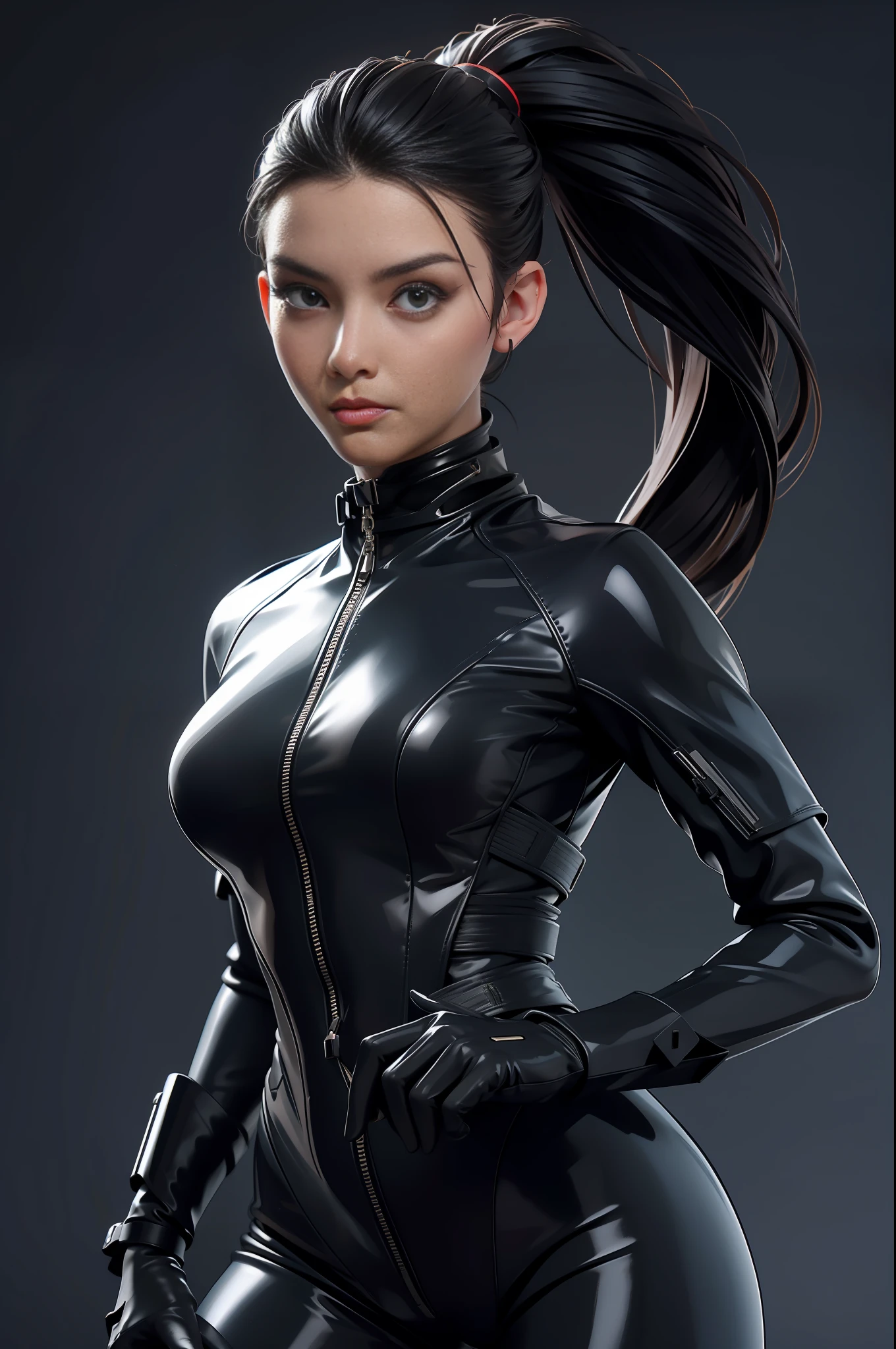 solo, super fine photo, portrait Unreal Engine 5 8K UHD of beautiful and mature girl, gorgeous, ponytail hair, black tight futuristic latex catsuit with straps, latex glove, latex belts, cyberpunk design, futuristic female agent, latex arm and leg cuffs, beautiful make up, luxurious, best quality, masterpiece, official art, unified 8k wallpaper, super detailed, sharp focus, dynamic pose, body parts, no extra limbs, precisely anatomy