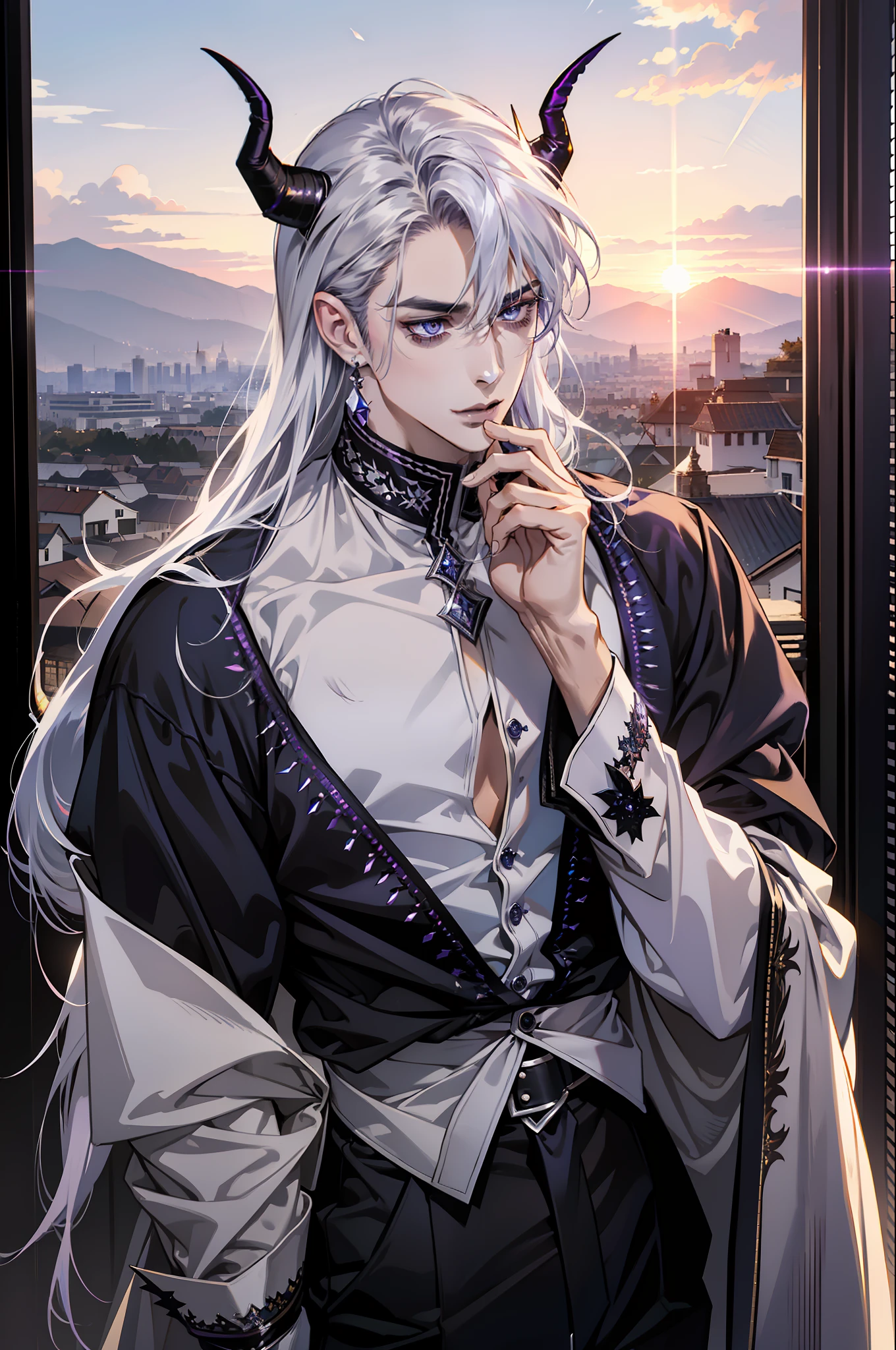 man, masculine, masculine face, attractive, muscular, ((1man)), masterpiece, absurdres, best quality ,intricate details , (shiny skin, shiny body, shiny oily luster skin, shiny hair, pale skintone), Sundown, attractive, ((muscular)), adult, one, ((open chest)), ((no blouse)), earrings, black pants, Don't look at the view , Not looking at the view, purple blue long hair, perfect detailed face, perfect detailed hands, vampire, silver gray eyes, ((MLS)), medium large shoot, ((((demon horns))))