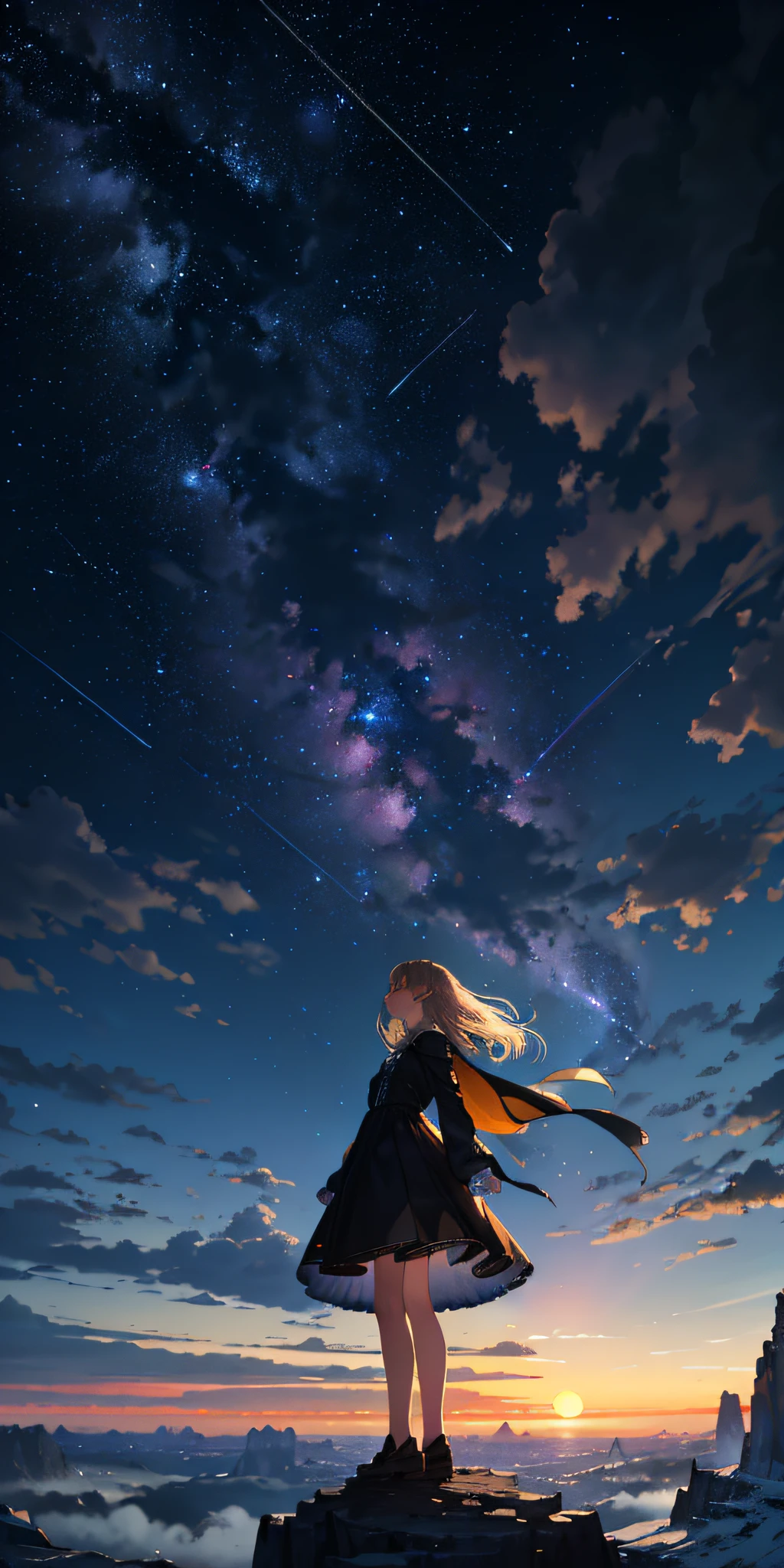 Expansive landscape photograph, (view from below with the sky and wilderness below), girl standing on a meadow looking up, (full moon: 1.2), (shooting star: 0.9), (nebula: 1.3), distant mountain, tree break production art, (warm light source: 1.2), (firefly: 1.2), lamp, purple and orange, intricate detail, volume lighting, realism break (masterpiece: 1.2) (Best Quality), 4K, Ultra-Detailed, (Dynamic Configuration: 1.4), Highly Detailed and Colorful Details, (Iridescent Colors: 1.2), (Glowing Lighting, Atmospheric Lighting), Dreamy, Magical, (Solo: 1.2)